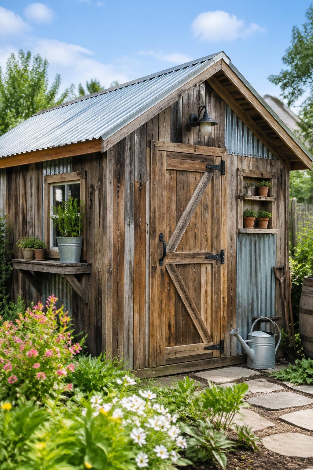 A garden shed made of weathered wood and corrugated steel surrounded by plants and flowers in a sunny garden.