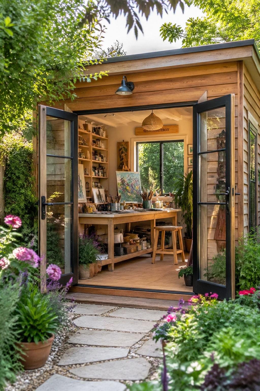 An artist's studio shed with glass doors open, showing a workspace with art supplies inside, surrounded by a garden with plants and flowers.