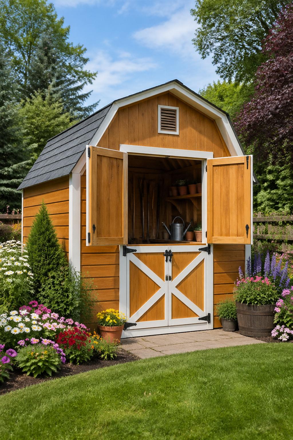 A garden shed with open double doors surrounded by green grass, flowers, and trees under a clear sky.