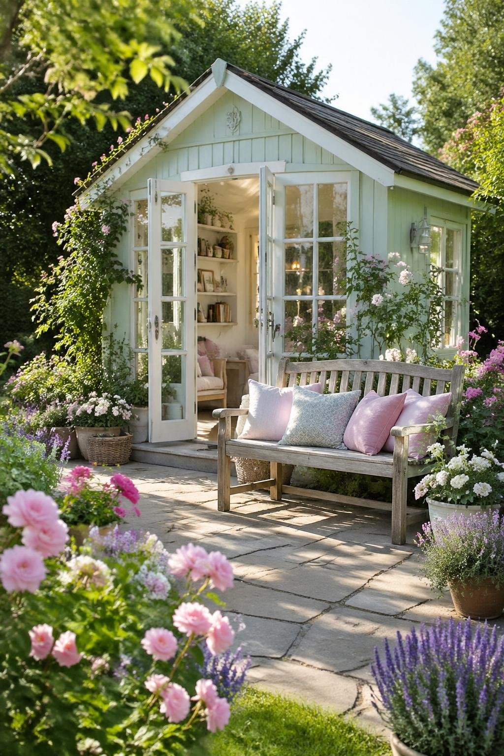A garden shed surrounded by blooming flowers with a wooden bench in front.