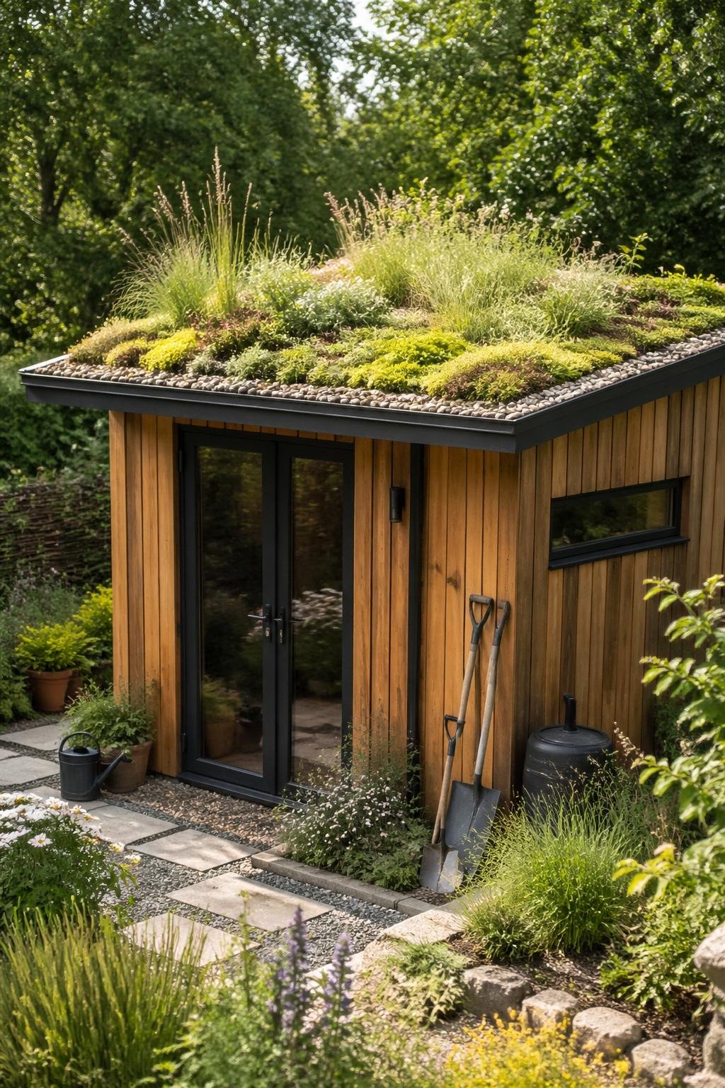 A garden shed with a green roof covered in sedum and native grasses surrounded by a backyard garden.