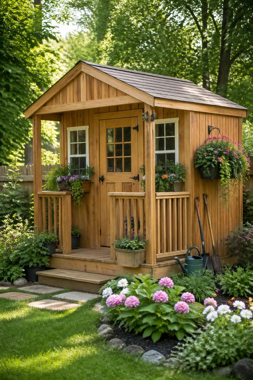 A small wooden garden shed with a mini porch and flower-filled window boxes surrounded by a green garden.