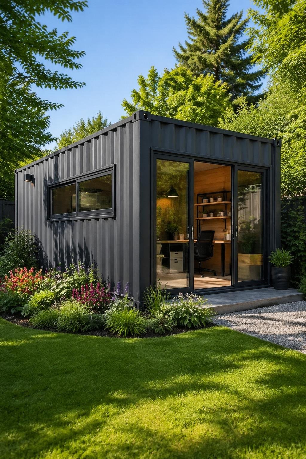 A modern garden shed made from a shipping container with steel exterior, surrounded by green grass, flowers, and trees under a clear sky.
