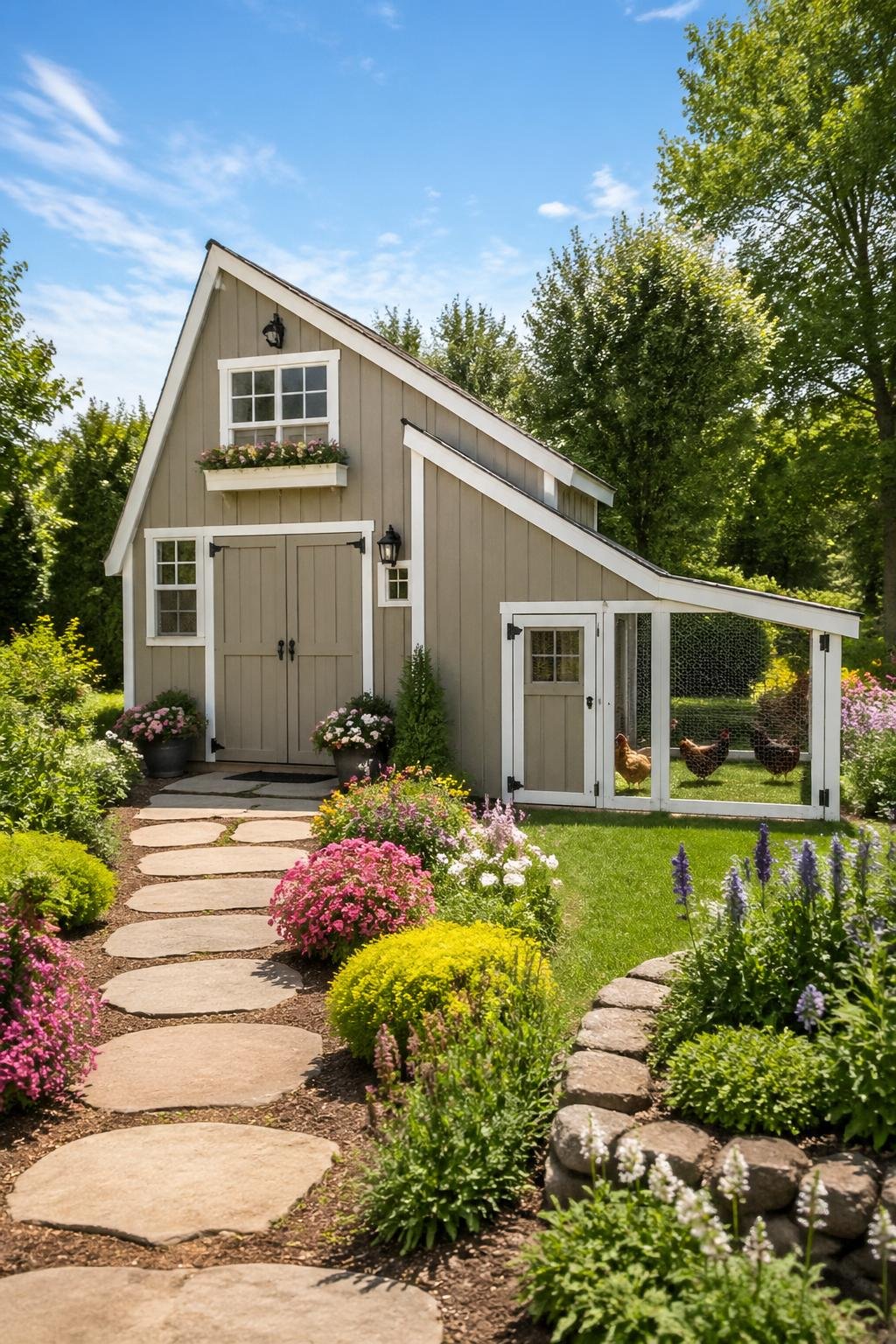 A garden shed with an attached chicken coop surrounded by green grass, flowers, and a stone pathway under a clear blue sky.