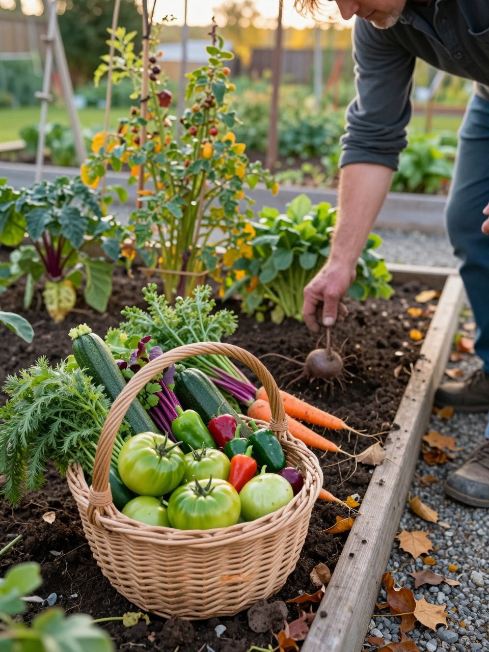 Image Prompt: A realistic late-fall kitchen garden with a gardener collecting the final harvest from raised beds, a wicker basket filled with green tomatoes, small peppers, carrots, beets, zucchini, and bunches of herbs, fading vegetable plants still standing behind, a few carrots being gently lifted from loose dark soil, scattered amber leaves on the gravel path, soft golden late-afternoon light, natural produce sizes and imperfections, practical residential garden setting, documentary-style DSLR photography, 35mm lens, no text.