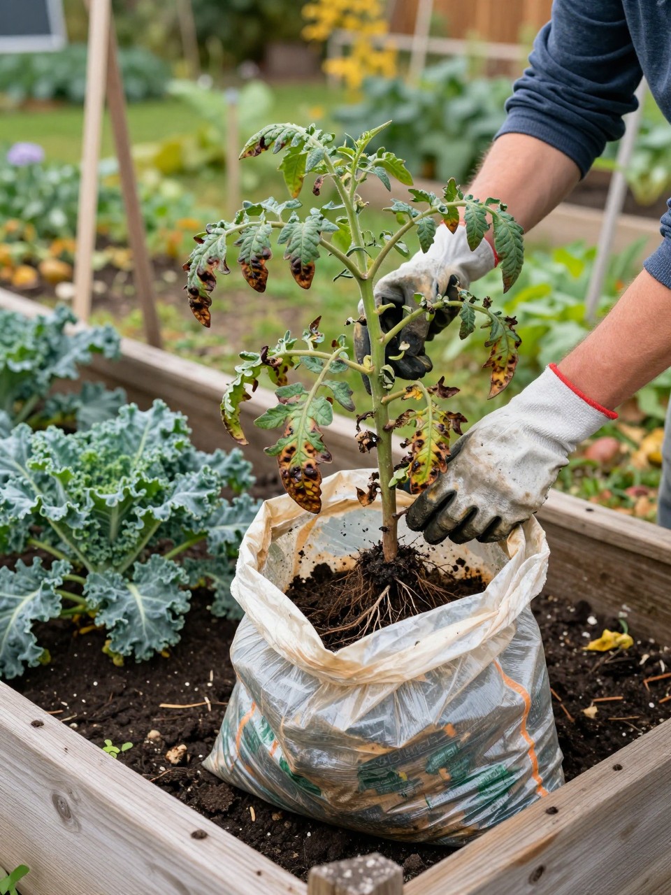 Image Prompt: A realistic fall vegetable garden cleanup scene showing a gardener carefully removing a blight-damaged tomato plant from a wooden raised bed, brown spotted leaves and withered stems clearly visible, the entire plant including loose roots being placed into a sturdy yard-waste bag rather than a compost pile, healthy kale plants left undisturbed nearby, dark moist soil, faded tomato stakes in the background, soil-stained gardening gloves, cool overcast autumn daylight, authentic backyard garden, realistic plant disease symptoms without exaggeration, editorial DSLR photography, 50mm lens, highly detailed, no text.