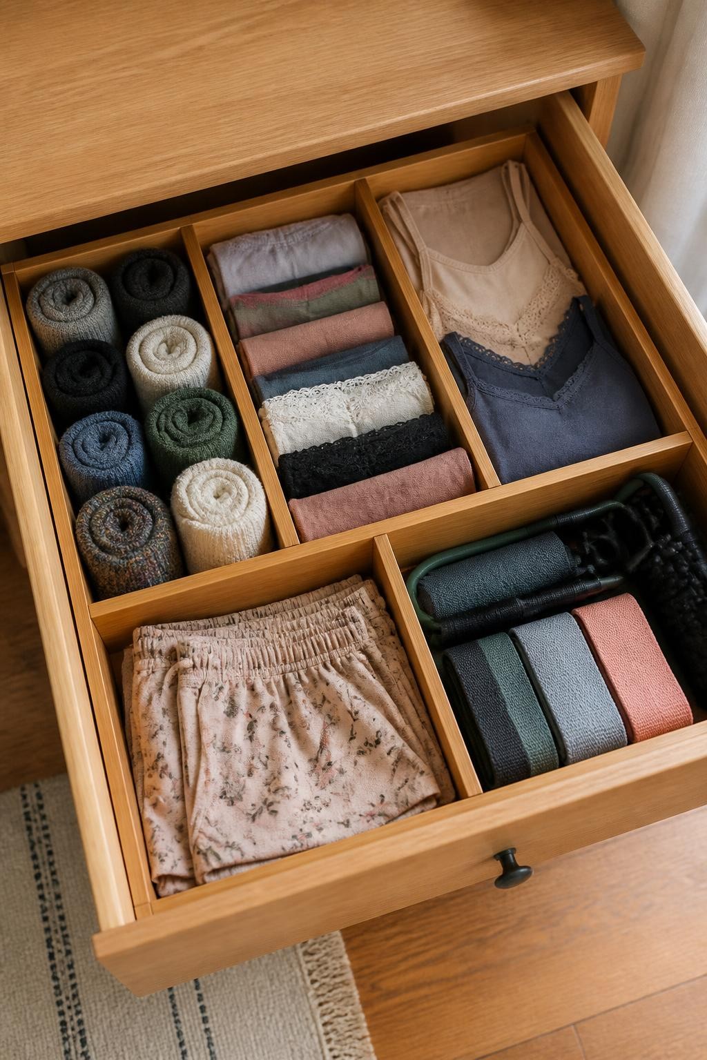 Image prompt: Top-down view of an open wooden closet drawer organized with adjustable bamboo dividers, separate sections containing rolled socks, underwear, camisoles, sleep shorts, and workout accessories, photographed with clear natural iPhone photo quality, soft morning light, realistic cotton textures, slightly varied folds, warm residential bedroom setting, no hands, no visible logos, no watermarks on images.