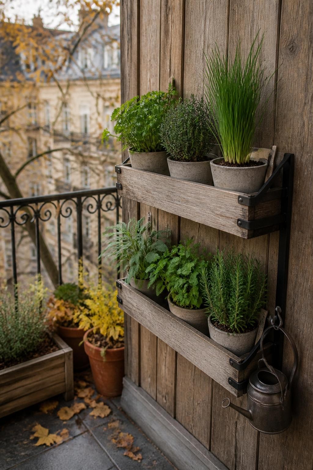 Image Prompt: A realistic fall balcony with a narrow wooden wall-mounted planter system holding individual pots of parsley, chives, thyme, sage, oregano, and rosemary, each herb naturally shaped and clearly visible, small simple plant labels, a compact watering can hanging from a hook, weathered wood and black metal supports, a few fallen leaves on the tiled floor, soft filtered afternoon light, practical apartment balcony setting, accurate herb textures and scale, editorial DSLR photography, 50mm lens, no text.