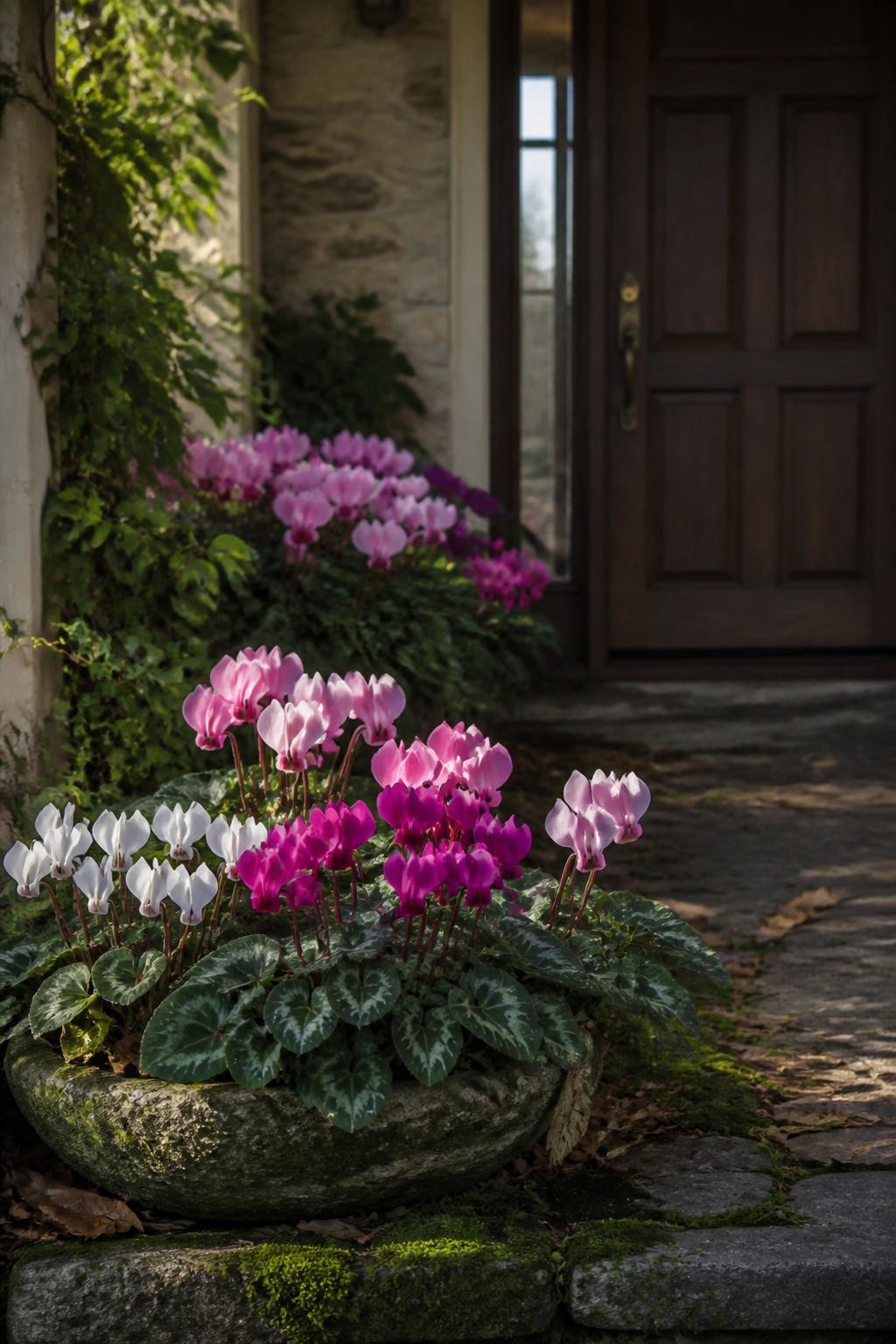 Image Prompt: A realistic sheltered front porch garden featuring cyclamen planted in low stone containers and a shaded bed, elegant upswept flowers in white, soft pink, rose, and magenta above marbled heart-shaped foliage, positioned near a dark wooden front door, subtle moss and fallen leaves around the base, gentle filtered morning light, refined but realistic home entrance, highly detailed DSLR photography, 70mm lens, shallow depth of field, no text.