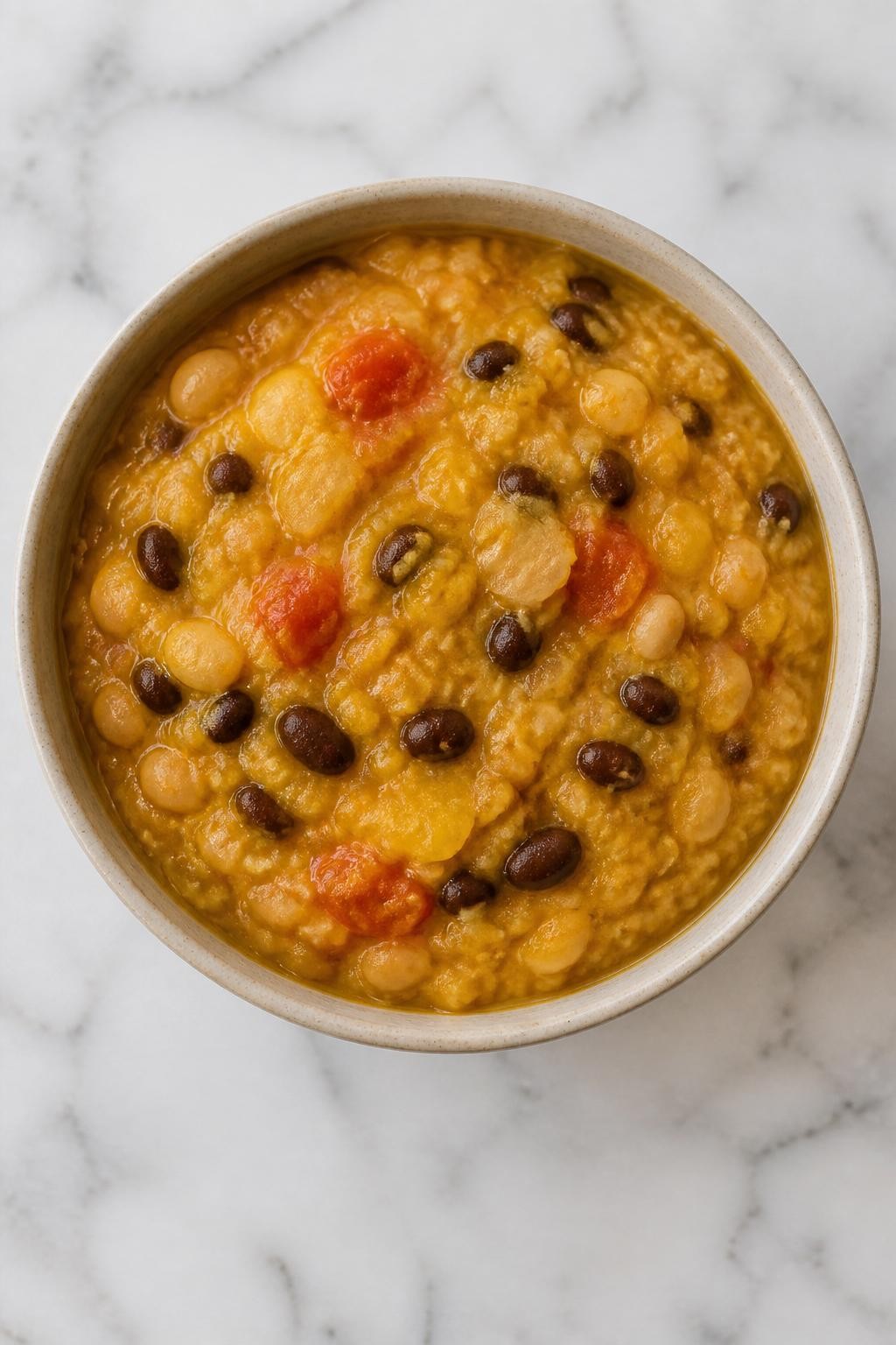 Image Prompt: Top-down realistic food photography of vegan beans and corn porridge in a simple bowl on a clean marble countertop, creamy corn porridge with soft beans, tomatoes, and onions, warm natural daylight, hearty homemade African comfort food mood, no people, no hands, no text, no watermarks, no props with writing.