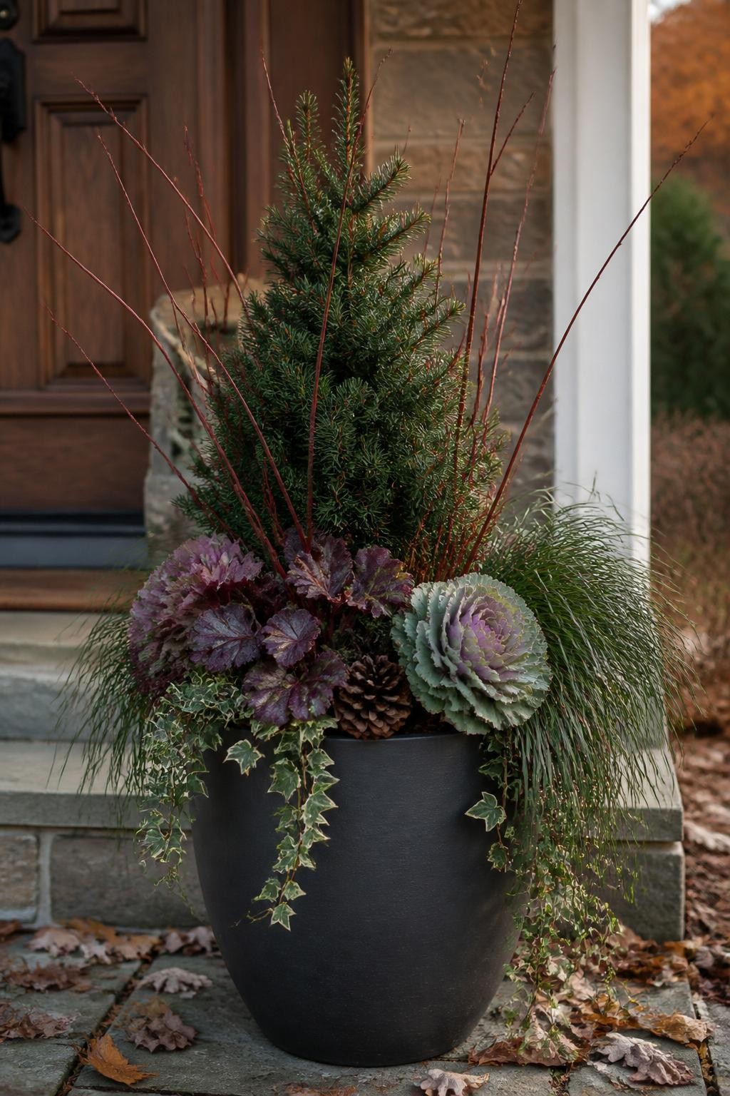 Image Prompt: A realistic large matte charcoal porch planter arranged for late fall and winter with a central dwarf evergreen, burgundy heuchera, small ornamental cabbage, trailing ivy, fine-textured sedge, bare red dogwood stems and a few natural pinecones, slightly weathered front porch with a wooden door and stone step, a few fallen leaves around the base, soft late-afternoon autumn light, refined but achievable home garden design, true-to-life plant proportions, DSLR editorial photography, 50mm lens, no text, no holiday ornaments.