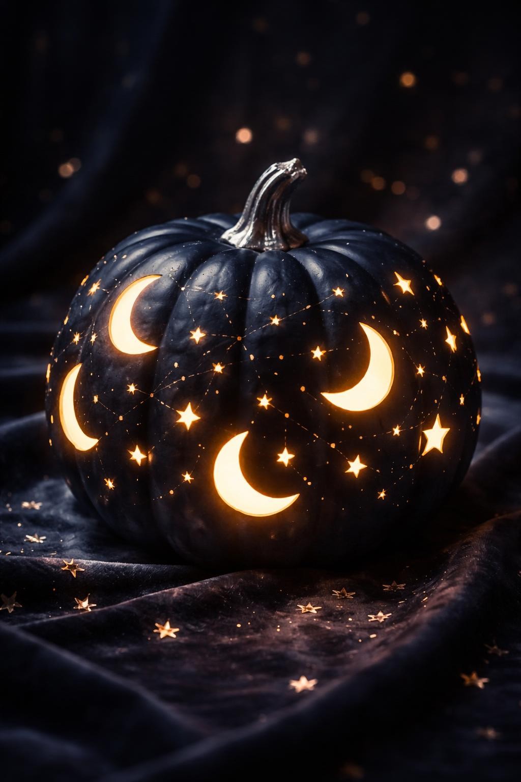 Image Prompt: A matte navy plastic pumpkin decorated with cutout crescent moons and scattered stars, warm white light glowing through every opening, silver-painted stem, subtle gold constellations painted between the cutouts, displayed on dark velvet with tiny metallic stars around the base, dreamy nighttime mood, dramatic low lighting, realistic DSLR photography, clean precise craft finish, no people, no text.