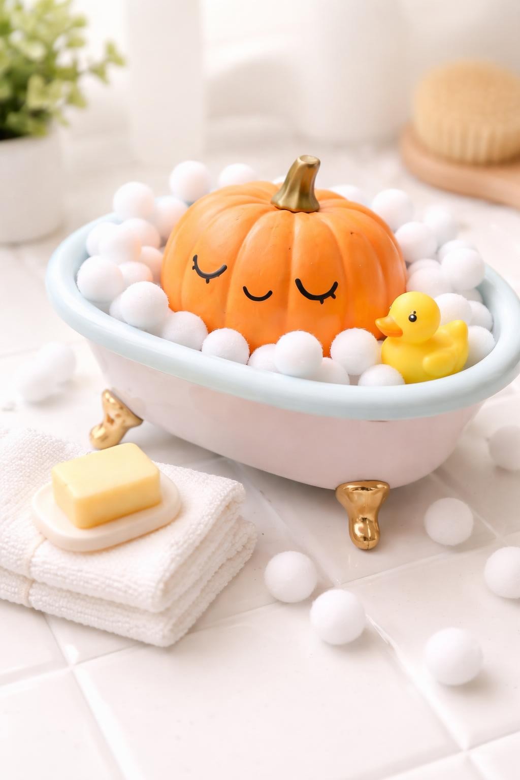 Image Prompt: A small orange pumpkin sitting inside a shallow pastel bathtub prop, face painted with relaxed closed eyes and a content smile, white craft pom-poms piled around it like bubbles, tiny yellow rubber duck beside the pumpkin, folded towel and miniature soap nearby, playful clean bathroom theme, bright soft lighting, realistic DSLR craft photography, detailed easy decoration, no people, no text.