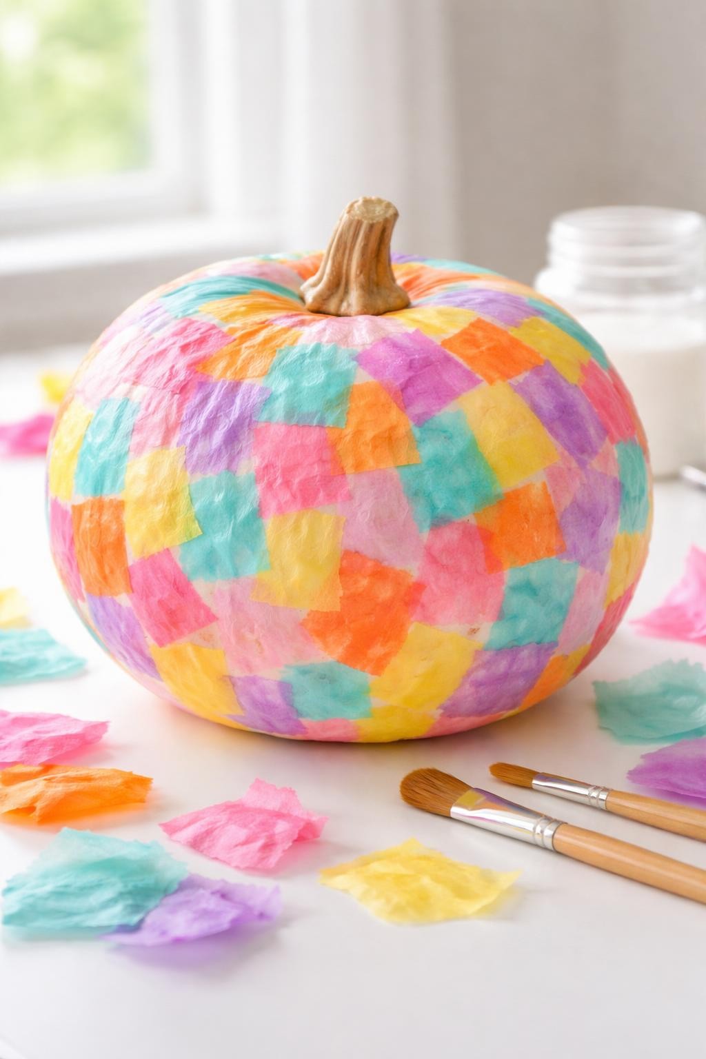 Image Prompt: A smooth white pumpkin covered with small torn tissue-paper squares in coral, turquoise, yellow, lavender, pink, and orange, pieces overlapping lightly like colorful confetti, short natural stem left visible, clear decoupage finish, simple white craft table with tissue scraps and soft brushes, bright diffused window light, realistic DSLR photography, detailed paper texture, playful child-friendly design, no people, no text.