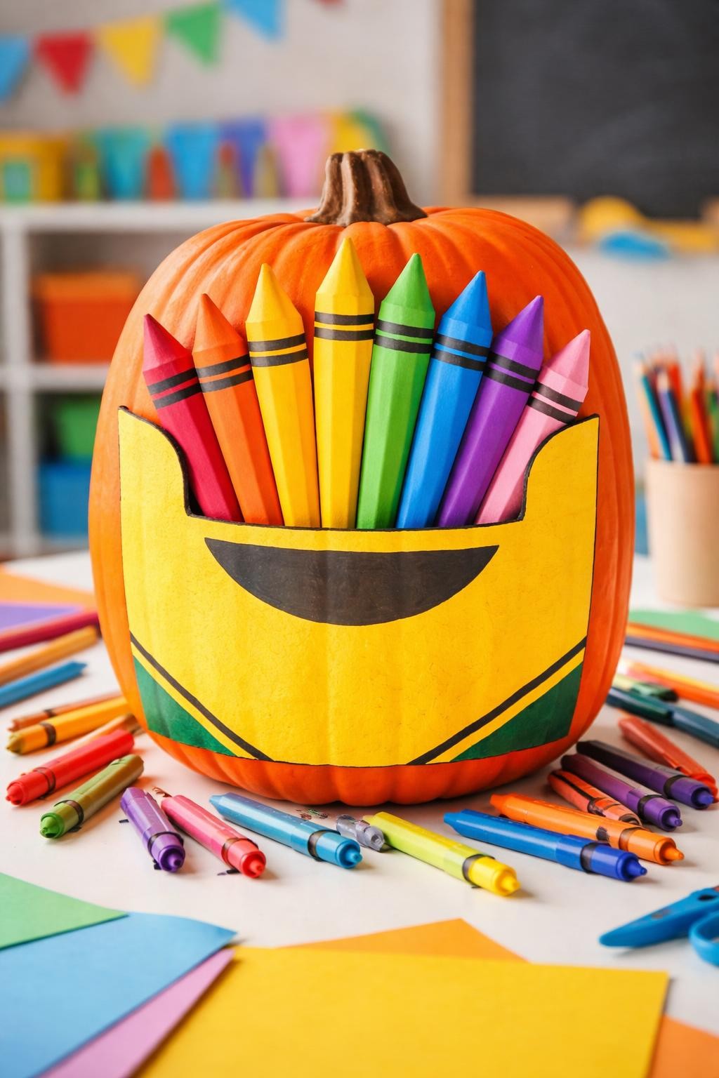 Image Prompt: A tall pumpkin transformed into a colorful crayon box, front painted bright yellow with rainbow paper crayons arranged in a fan, pointed crayon tips, black line details, crayons spilling out around the base, playful classroom craft setup, realistic DSLR photography, crisp colorful paper texture, no people, no readable text.