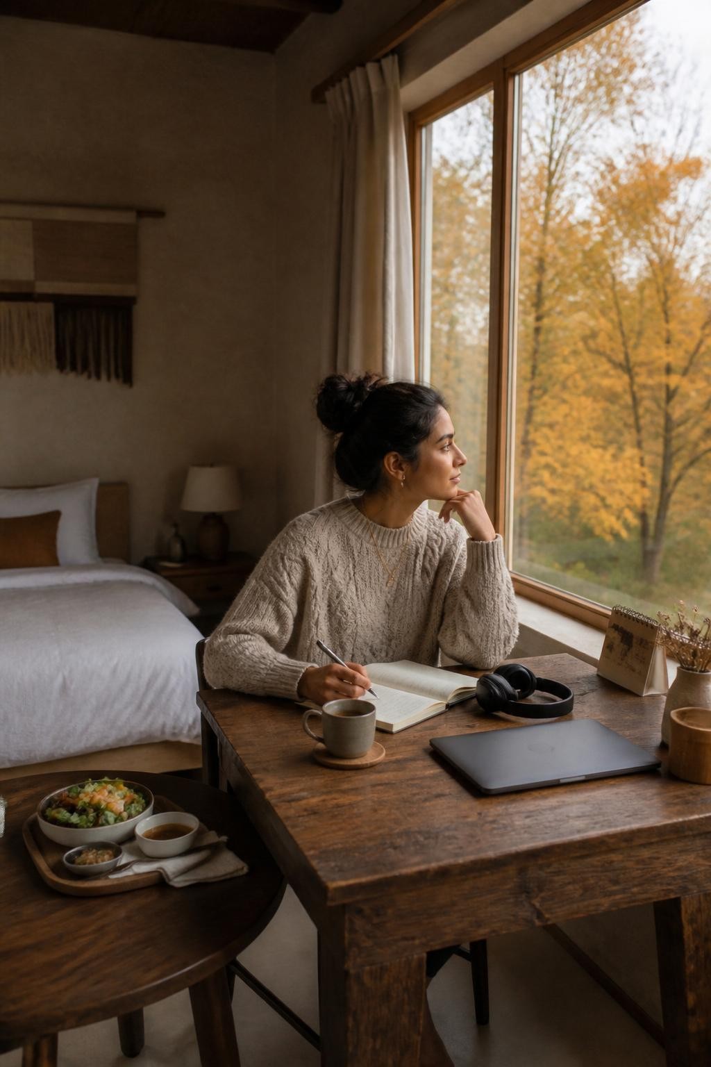 Image Prompt: A quiet rented studio or small countryside cottage prepared for a personal retreat, one adult woman with medium-brown skin sitting at a wooden desk beside a large window overlooking amber trees, journal, calendar, tea, headphones and a closed laptop arranged neatly, comfortable knitwear, a simple lunch tray on a nearby table, soft natural daylight, realistic relaxed posture and lived-in details, editorial wellness DSLR photography, no text.