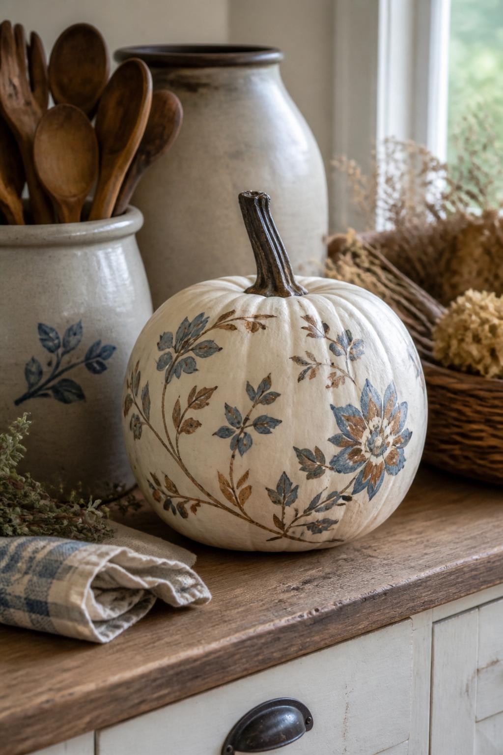 Horizontal 16:9 realistic iPhone photograph of a warm white real pumpkin painted with faded blue and muted brown floral motifs inspired by antique stoneware crocks, small vines and simple flowers spaced around the surface, natural brown stem, displayed on a kitchen sideboard beside old ceramic crocks, wooden spoons, folded linen, and dried herbs, soft morning window light, weathered handmade paint, no text.