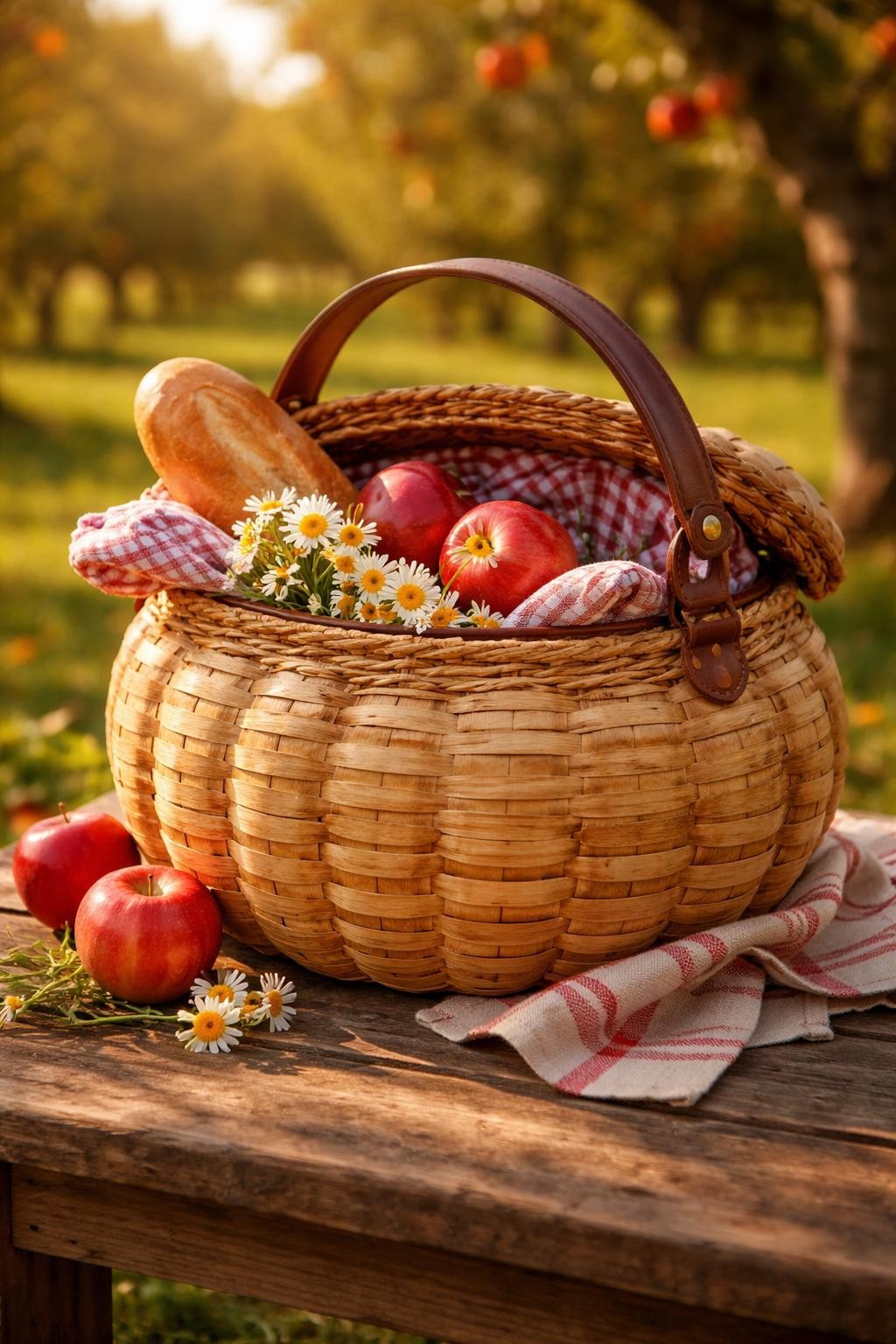 Image Prompt: A tan foam pumpkin transformed into a realistic woven picnic basket, painted basket-weave texture wrapping around the body, curved leather-look handle over the top, gingham fabric lining visible through an open upper section, miniature bread, apples, flowers, and folded napkin spilling gently from inside, cozy orchard setting, warm afternoon sunlight, realistic DSLR craft photography, crisp woven detail, no people, no text.