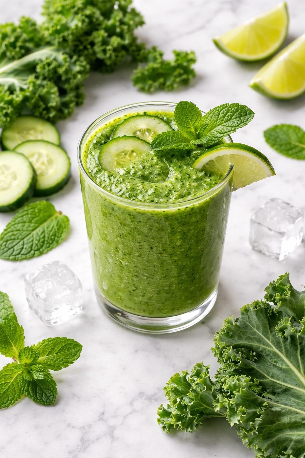 Realistic top-down editorial food photography of a cucumber mint kale smoothie in a clear glass on a clean white marble countertop. The smoothie is bright green and refreshing, styled with cucumber slices, fresh mint leaves, kale leaves, lime wedges, and ice cubes nearby. Soft natural daylight, crisp clean drink styling, realistic smoothie texture, high detail, no people, no hands, no text, no watermarks, no props with writing.