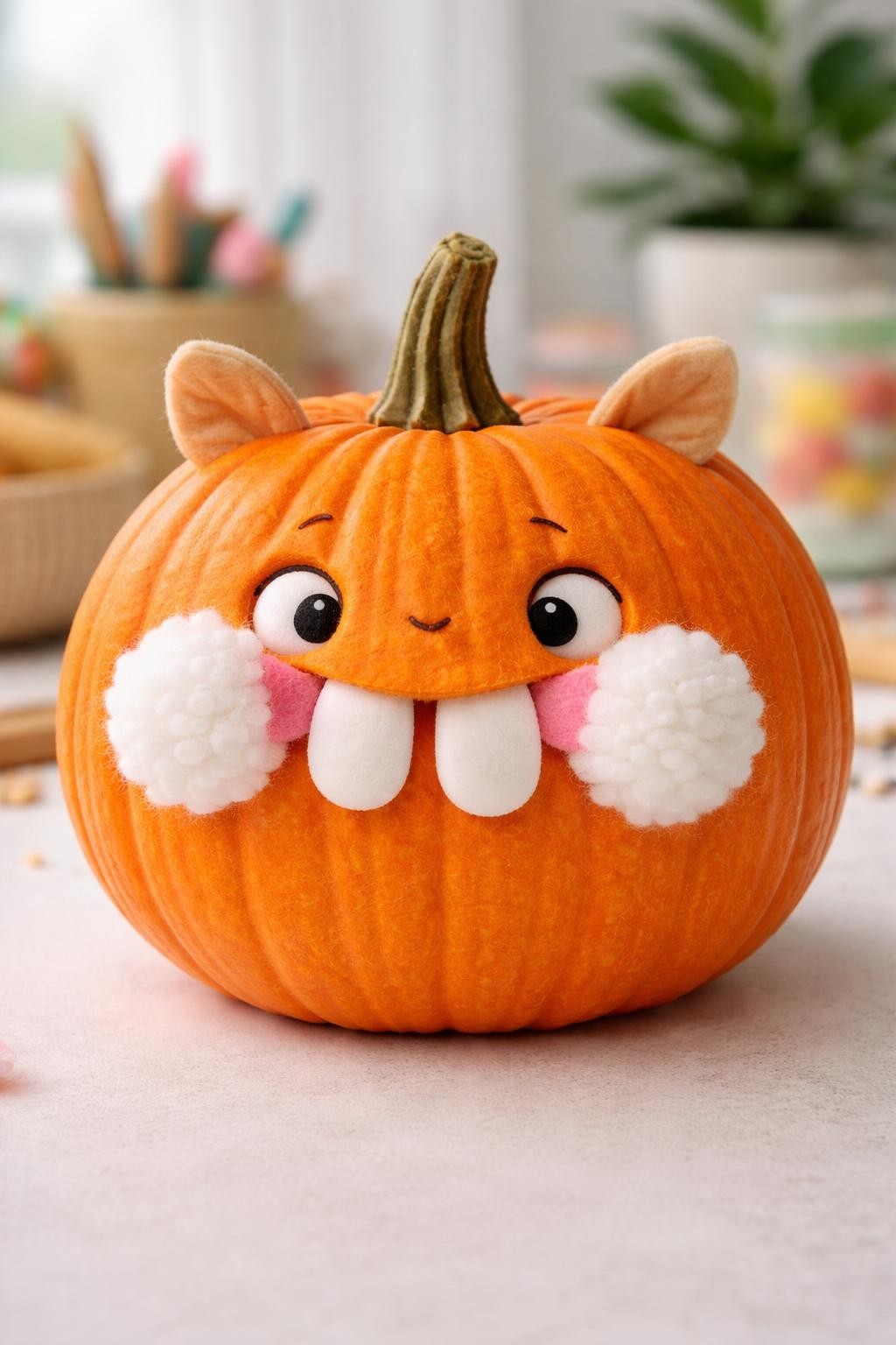 Image Prompt: A cheerful round pumpkin with two comically oversized white front teeth, pink felt gums, tiny painted eyes looking inward, fluffy white pom-pom cheeks, small ears sticking up near the stem, slightly confused smile, family-friendly cartoon humor, bright craft-room lighting, realistic DSLR photography, simple clean background, no people, no text.