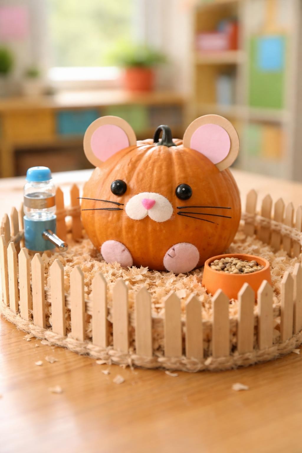 Image Prompt: A small brown pumpkin decorated as a friendly classroom hamster, round paper ears, tiny black bead eyes, pink nose, whiskers, little felt paws, mini cage made from craft sticks around the base, tiny paper food bowl and water bottle, cute classroom pet theme, soft daylight, realistic DSLR craft photography, no people, no text.