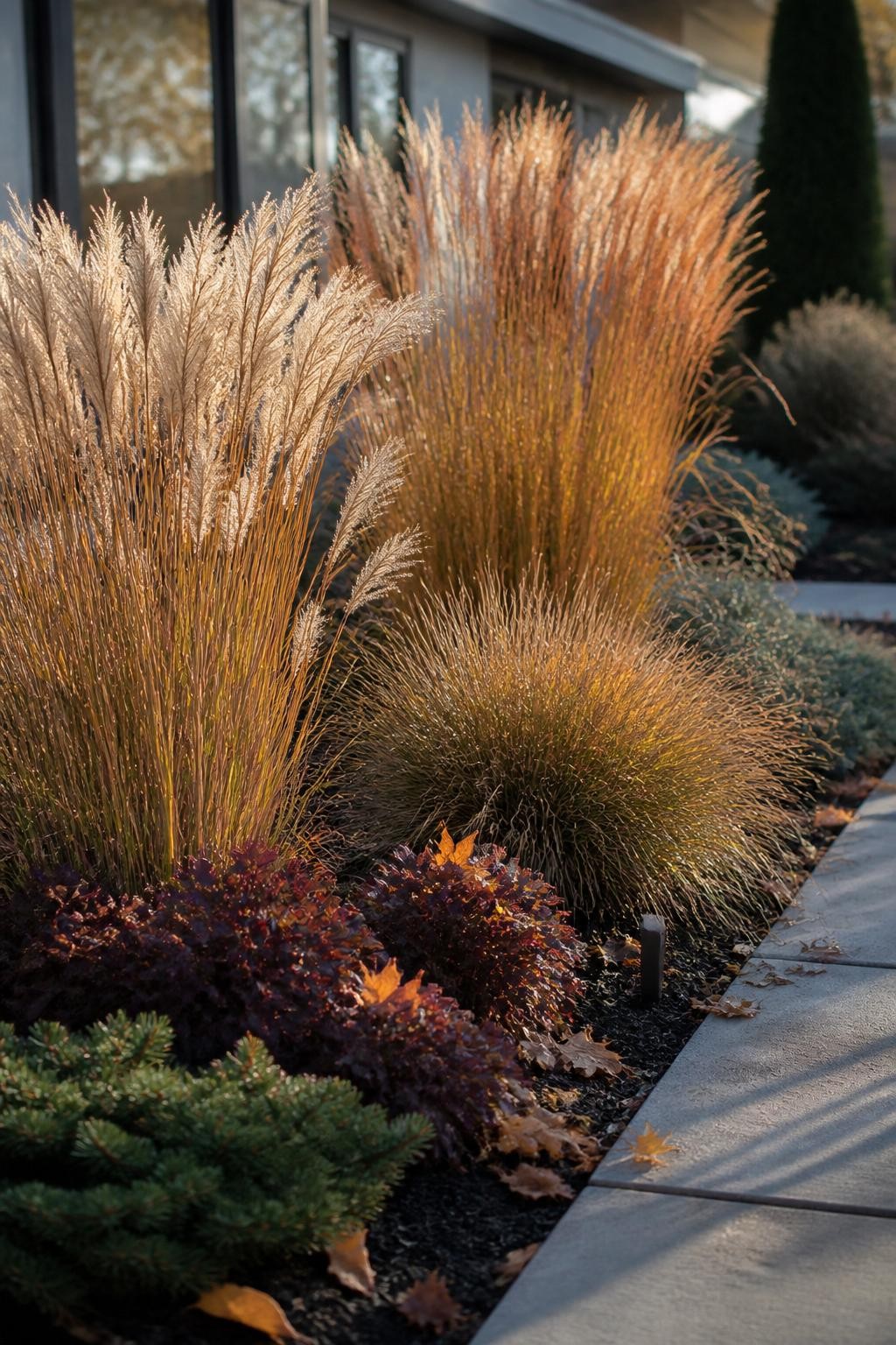 Image Prompt: A realistic fall landscape featuring clumps of fountain grass, switchgrass, and compact bronze sedge planted beside a modern concrete walkway, tan, copper, and pale gold seedheads glowing in low autumn sunlight, burgundy heuchera and low evergreen shrubs around the grass bases, a gentle breeze moving the plumes, scattered dry leaves on dark mulch, clean residential home exterior softly blurred behind, true-to-life plant proportions, editorial DSLR photography, 50mm lens, no text.