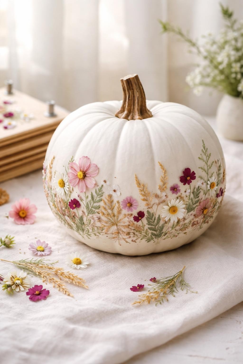 Image Prompt: A white pumpkin decorated with real pressed flowers and delicate fern leaves, small cosmos, daisies, burgundy petals, golden grasses, and pale green foliage arranged in a loose botanical meadow around the lower half, natural brown stem, matte sealed finish, displayed on cream linen beside a flower press and loose petals, bright diffused daylight, realistic DSLR photography, detailed natural texture, no people, no text.
