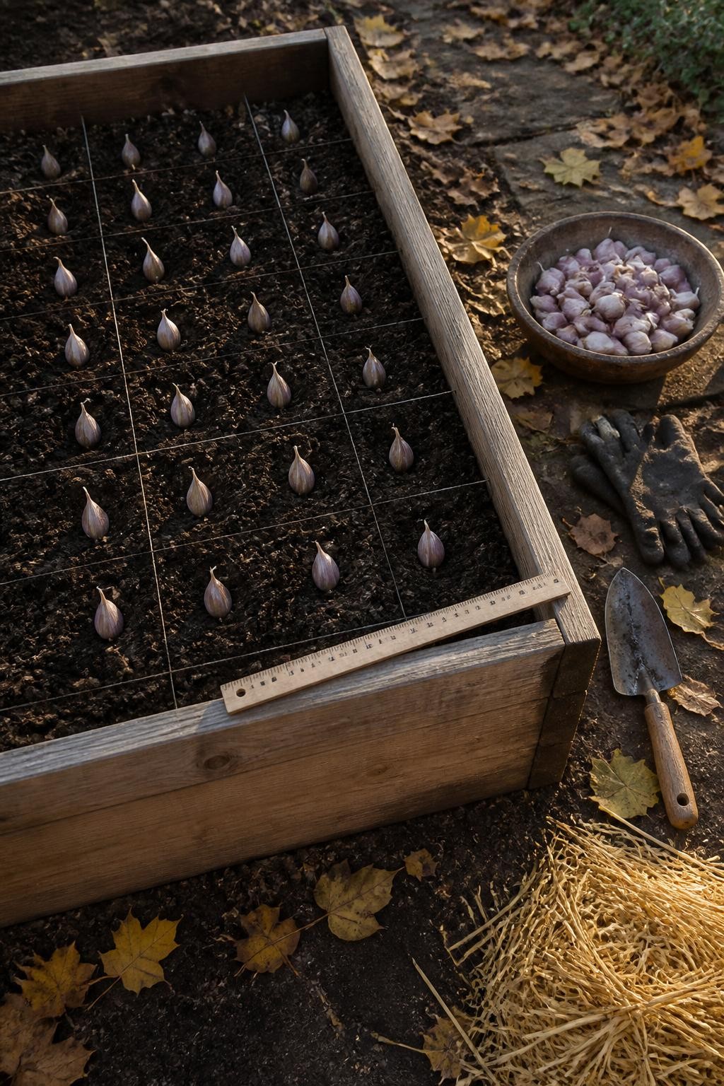 Image Prompt: A realistic overhead view of a cedar raised garden bed being prepared for garlic planting in fall, individual garlic cloves arranged in a clear grid with pointed ends facing upward, garden string and a wooden ruler marking even spacing, a rustic bowl holding large separated cloves beside the bed, loose dark compost-enriched soil, soil-stained gloves and a hand trowel nearby, a small pile of clean straw ready for mulching, scattered yellow leaves on the path, warm late-afternoon light, DSLR photography, highly detailed, no text.