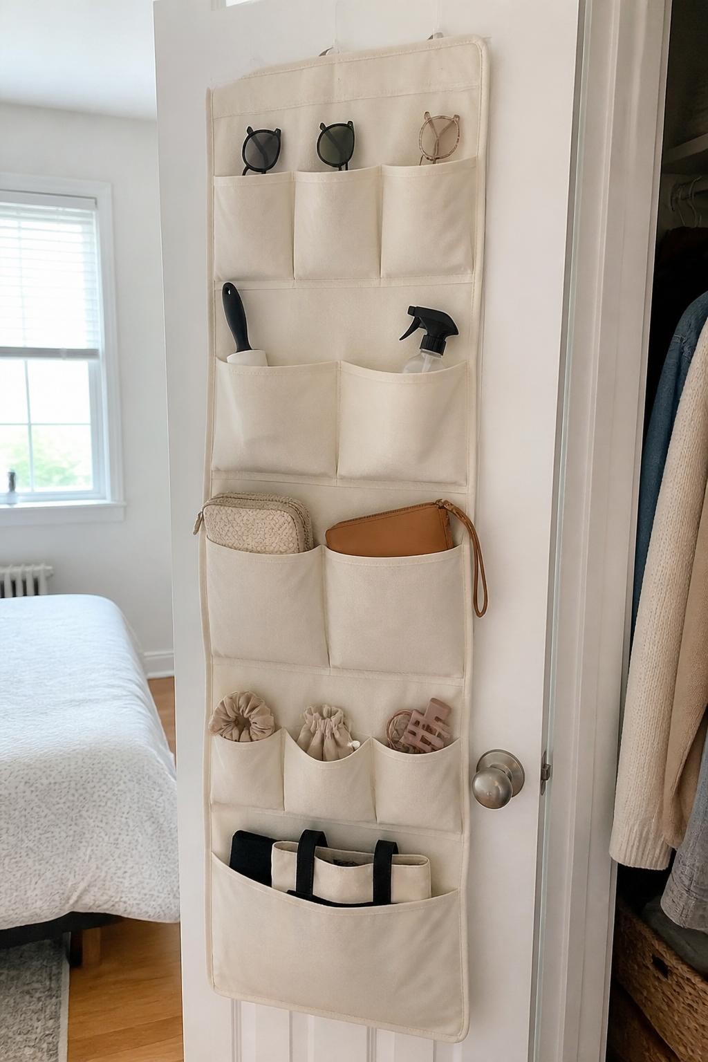 Image prompt: Inside of a simple white closet door fitted with a slim cream-colored hanging organizer, neatly holding sunglasses, lint roller, small clutch bags, fabric spray, jewelry pouch, hair accessories, and a folded reusable tote, modern iPhone photo quality, natural afternoon window light, believable shadows, practical rented apartment bedroom, uncluttered styling, ordinary household items arranged neatly but not perfectly, no people, no visible logos, no watermarks on images.