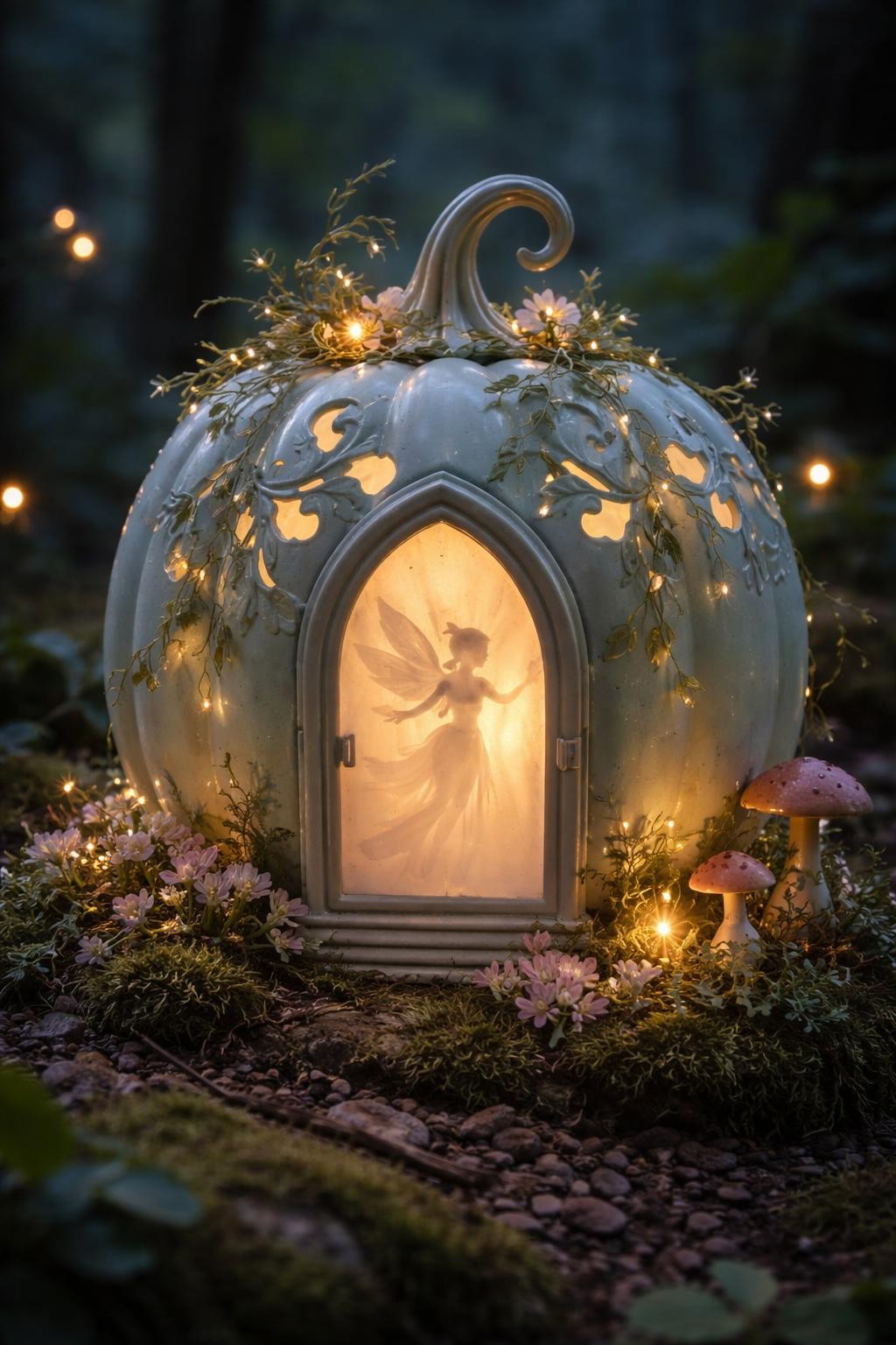 Image Prompt: A pale mint plastic pumpkin transformed into a magical fairy lantern, large arched door cut into the front with translucent frosted panel, tiny fairy silhouette visible inside, delicate vine cutouts around the sides, warm light glowing through, miniature flowers, moss, and mushrooms at the base, enchanting woodland styling, dim evening light, realistic DSLR photography, intricate handcrafted details, no people, no text.