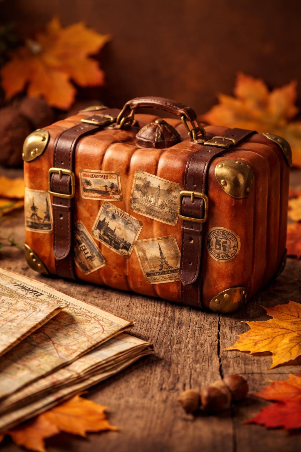 Image Prompt: A rectangular plastic pumpkin transformed into a miniature vintage suitcase, rich brown faux leather finish, dark painted edges, small brass corner protectors, tiny handle on top, travel stickers and old postcard graphics across the front, buckled straps wrapping around the body, displayed beside folded maps and autumn leaves, warm editorial lighting, realistic DSLR craft photography, no people, no readable text.