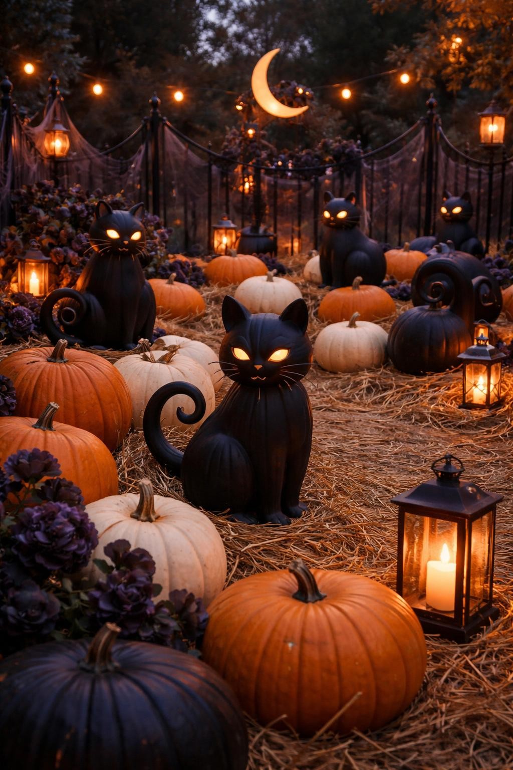 Image Prompt: A stylish Halloween pumpkin patch filled with black cat decorations, matte black pumpkin cats with pointed ears and curled tails sitting among orange and white pumpkins, crescent moons, lanterns, dark purple flowers, black fencing, subtle spiderweb fabric, warm glowing lights, elegant family-friendly spooky atmosphere, twilight setting, realistic DSLR editorial photography, no people, no text.
