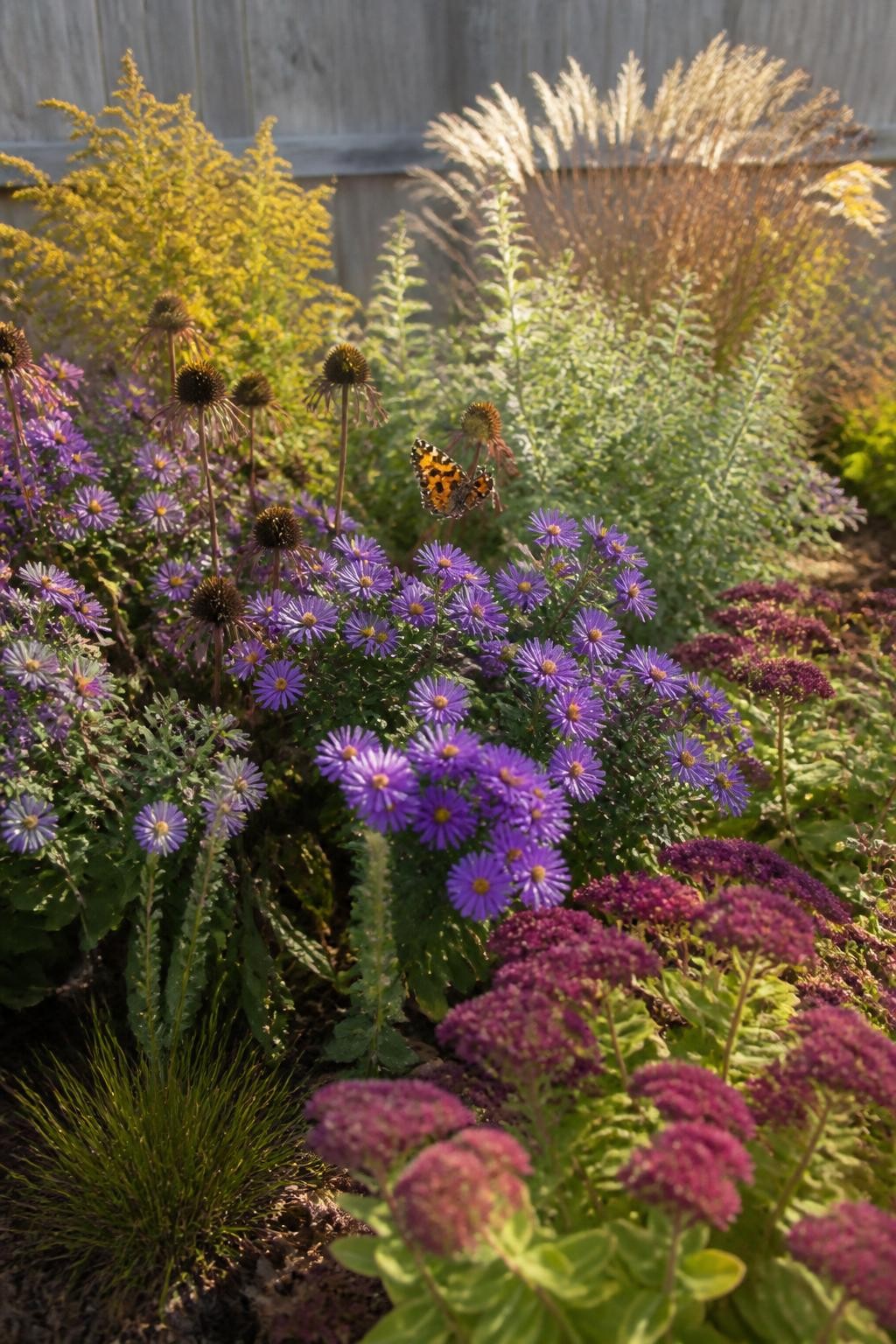 Image Prompt: A realistic late-season pollinator border in a sunny residential yard, planted with purple asters, goldenrod, sedum, coneflower seedheads, mountain mint, and soft ornamental grasses, several bees and one butterfly visiting naturally, flowers arranged in broad clusters rather than single scattered plants, dark soil covered with fine leaf mulch, a wooden fence softly blurred behind, warm low-angle autumn sunlight, authentic wildlife-friendly landscape, DSLR photography, 70mm lens, highly detailed, no text.