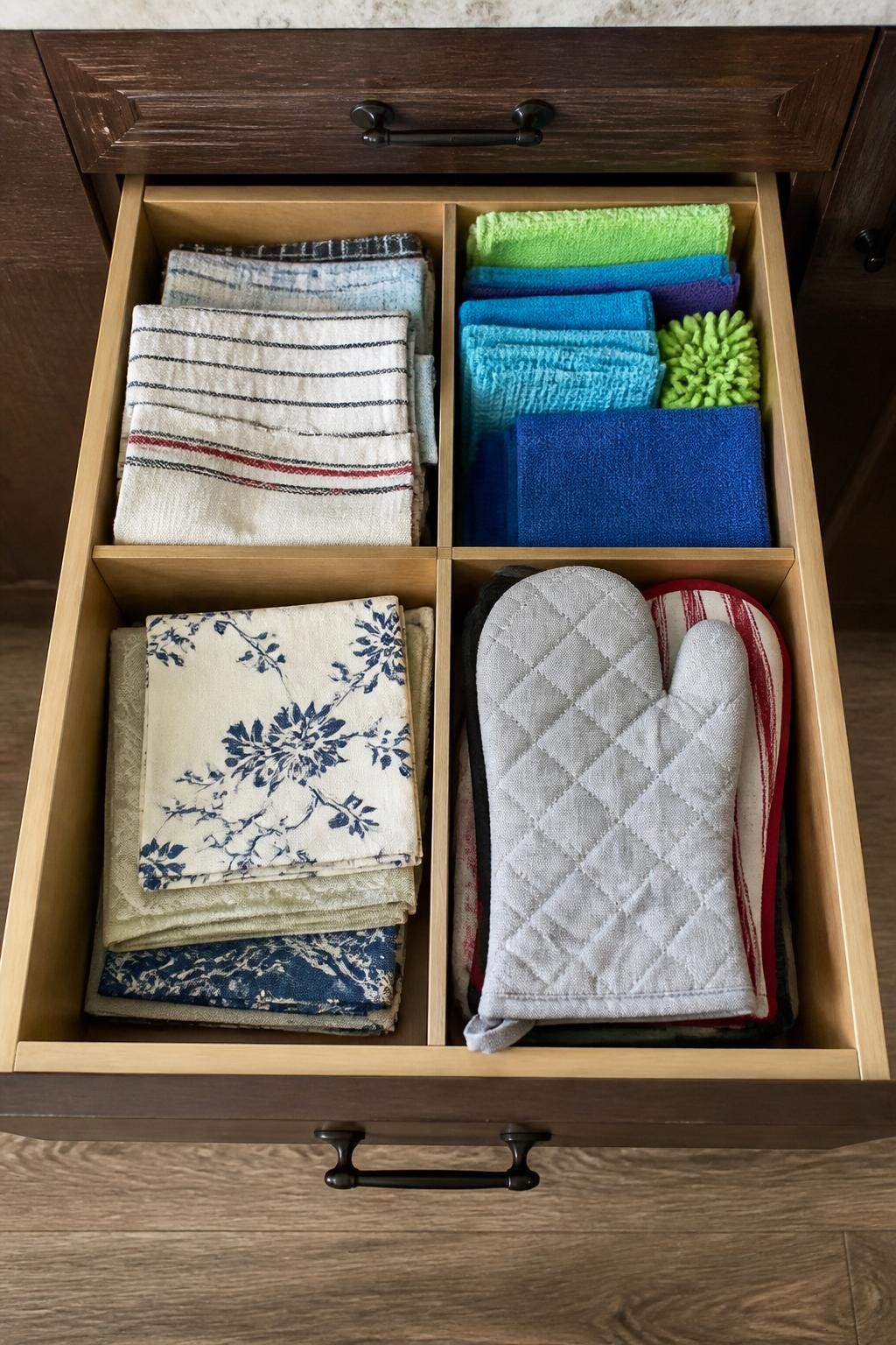 Image prompt: Small kitchen drawer divided into neat sections containing folded dish towels, microfiber cleaning cloths, reusable napkins, and oven mitts, photographed from overhead with modern iPhone photo quality, natural daylight, realistic fabric textures and slightly uneven folds, warm wooden drawer, no hands, no watermarks on images.