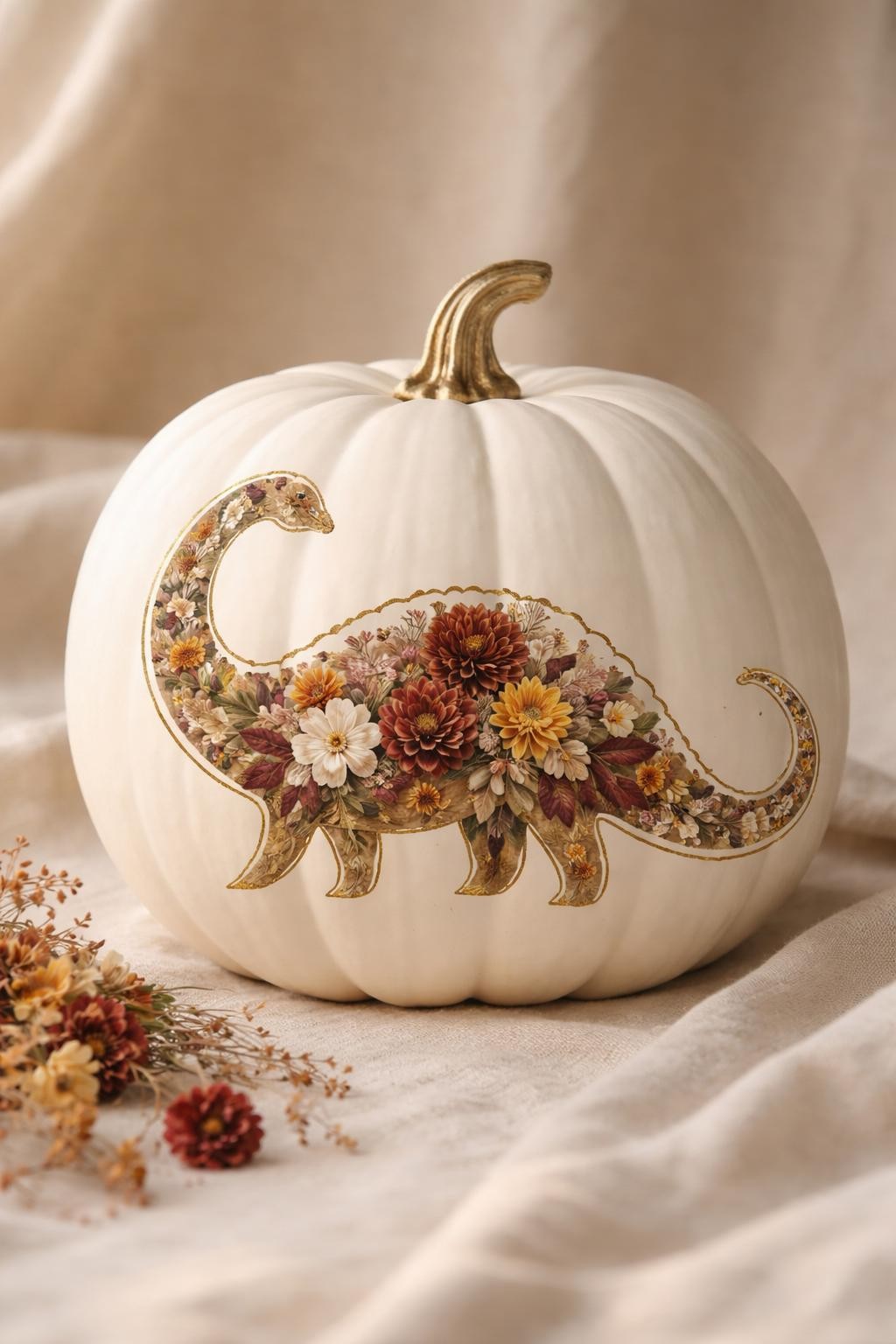 Image Prompt: A smooth white pumpkin painted with an elegant dinosaur silhouette filled with detailed autumn florals, small rust dahlias, mustard wildflowers, burgundy leaves, olive vines, and cream blossoms forming the body of a brontosaurus, fine gold outline surrounding the dinosaur, short metallic gold stem, displayed on pale linen with dried flowers nearby, soft editorial lighting, realistic DSLR photography, crisp botanical detail, no people, no text.