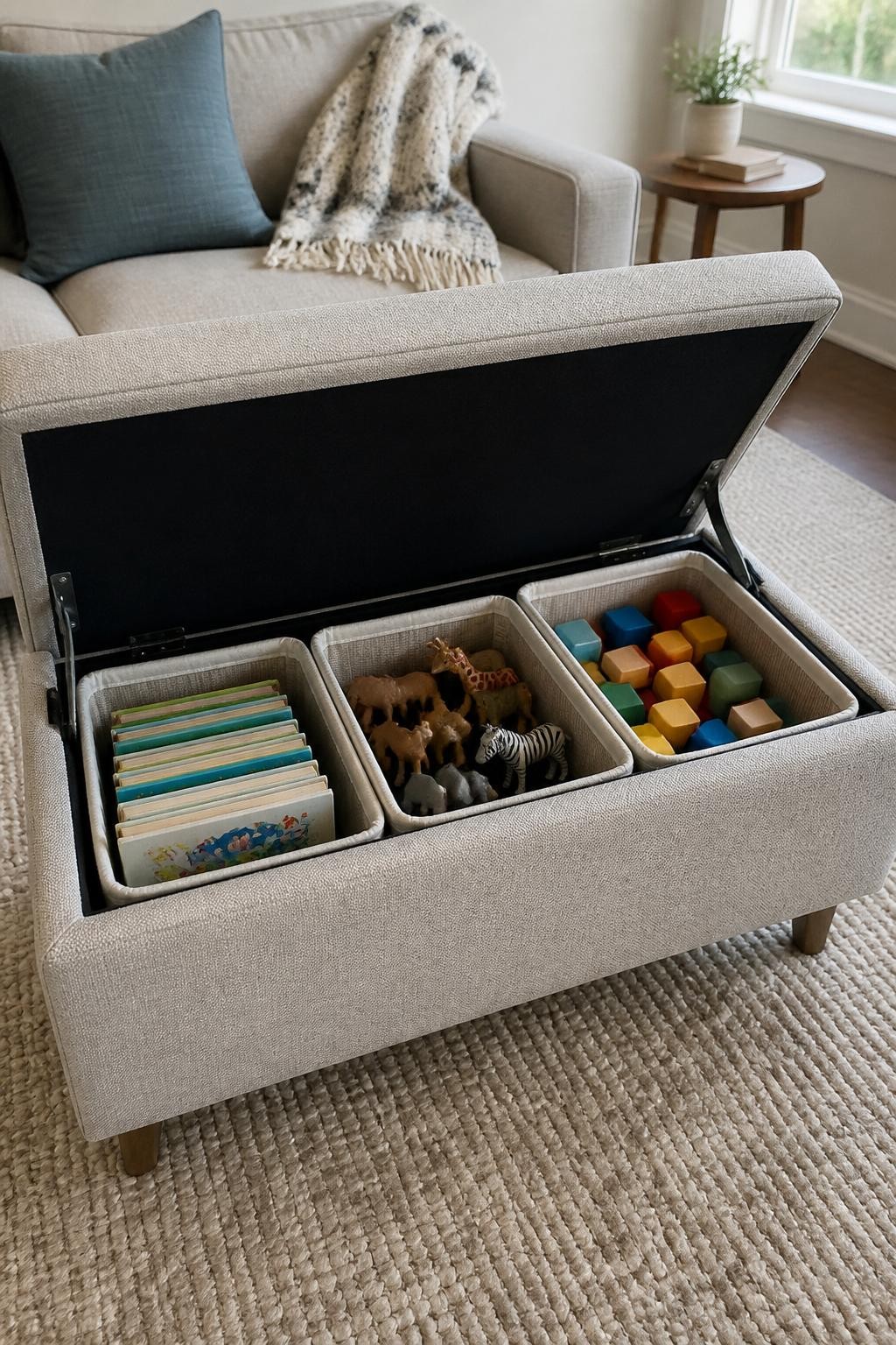 Image prompt: A calm family living room with a practical upholstered storage ottoman open to reveal three soft baskets containing board books, small toy animals, and building blocks, photographed with natural iPhone photo quality, gentle late-morning window light, realistic upholstery and everyday furniture, toys neatly contained but not overly styled, no people, no visible brand names, no watermarks on images.