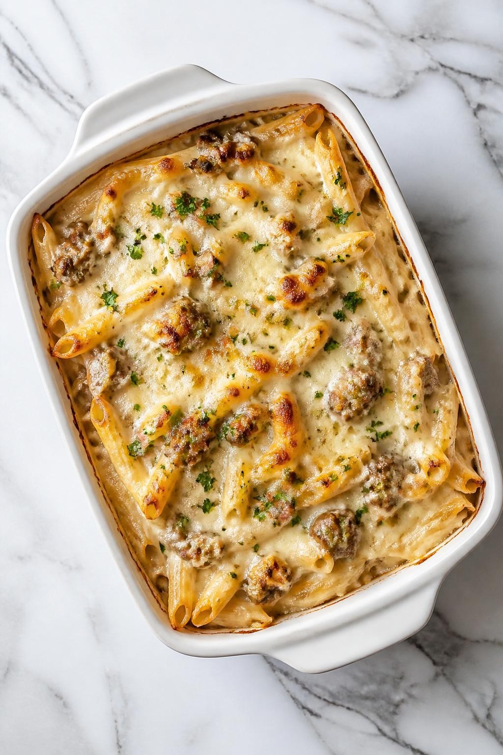Image Prompt: Top-down realistic editorial food photography of an Italian sausage Alfredo bake on a clean white and gray marble countertop, baked pasta mixed with browned Italian sausage and creamy Alfredo sauce in a casserole dish, topped with melted cheese and parsley, warm hearty homemade dinner mood, bright natural window light, soft shadows, high detail, no people, no hands, no text, no watermarks, no props with writing.