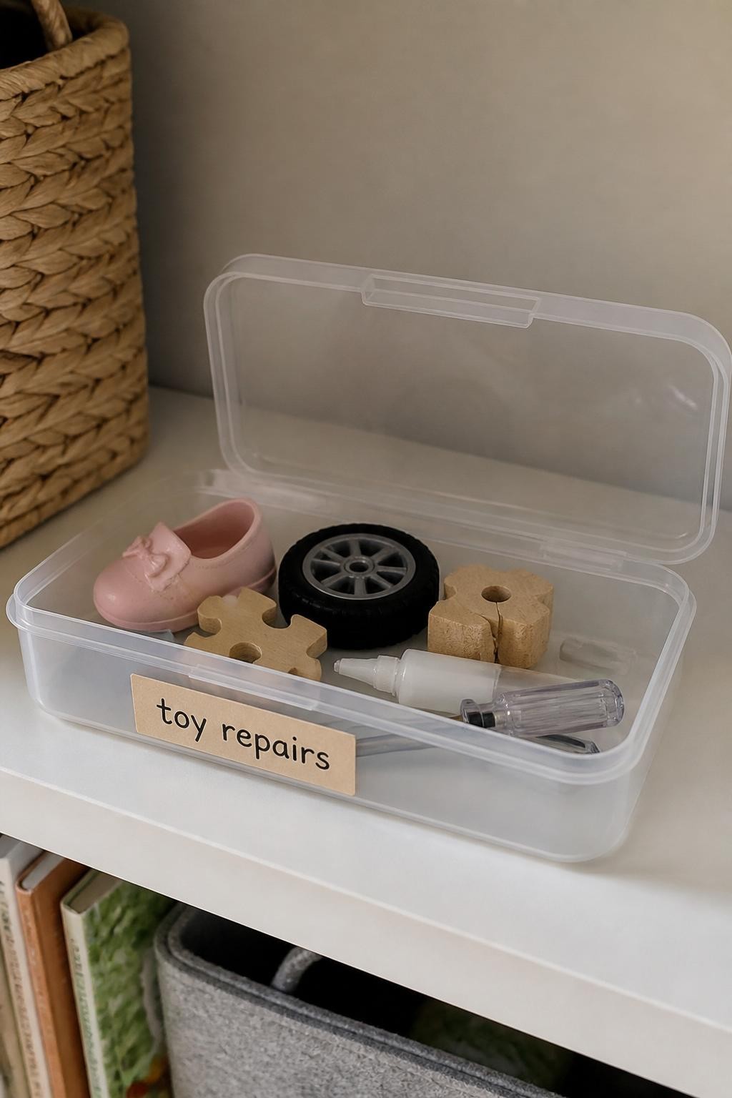 Image prompt: Small lidded box on a high playroom shelf labeled “toy repairs,” containing a loose doll shoe, toy car wheel, puzzle piece, small screwdriver, safe adhesive, and broken wooden toy part, photographed with natural iPhone photo quality, soft daylight, realistic household objects, tidy practical family storage, no children, no visible brand names, no watermarks on images.