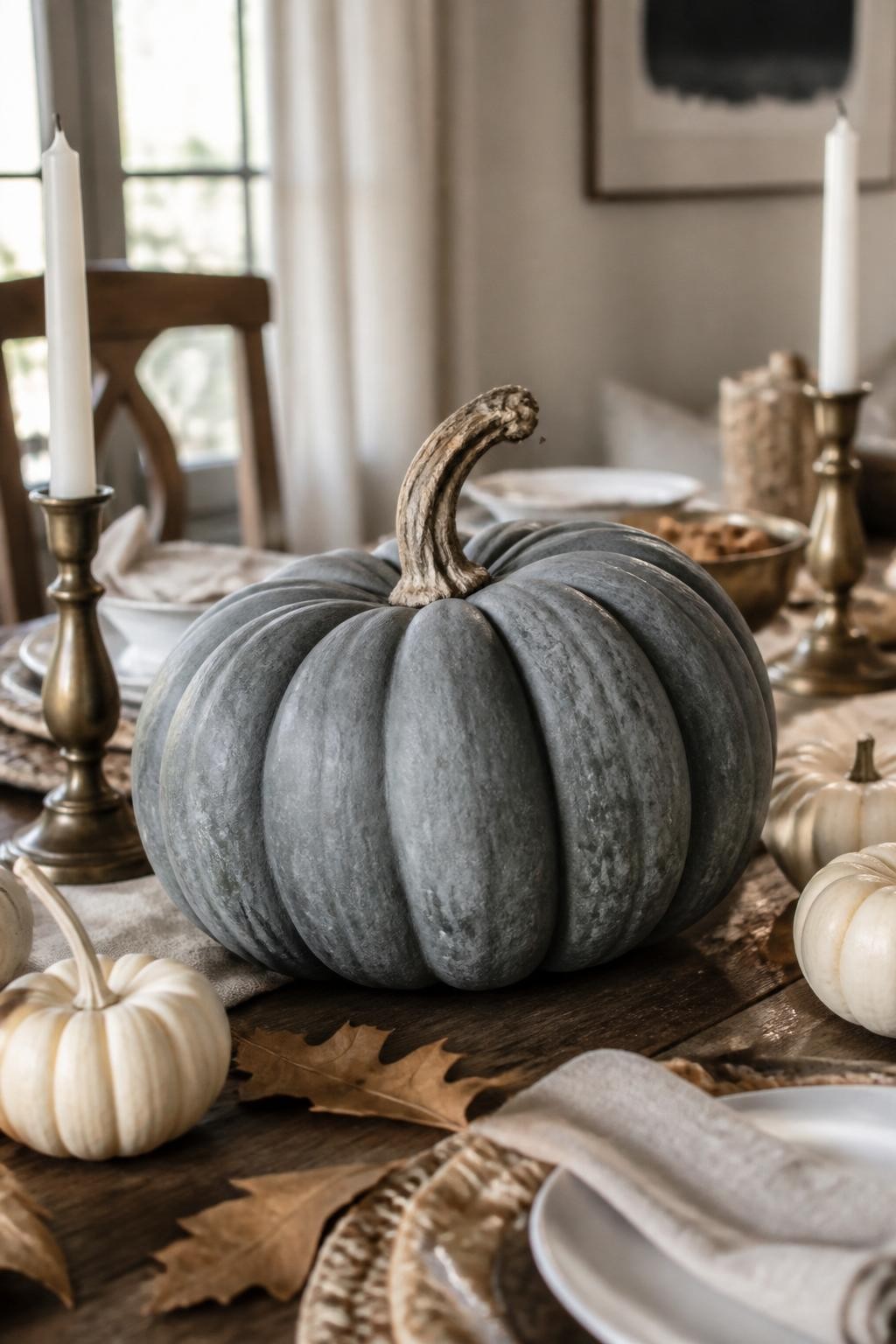Horizontal 16:9 realistic iPhone photo of a large faux pumpkin painted dusty blue-gray with muted green undertones, soft charcoal shading in the deep ridges, pale chalky highlights, and a dry natural-looking twisted stem, displayed on a dark wooden dining table with cream pumpkins, linen napkins, brass candlesticks, and dried oak leaves, gentle window light, realistic handmade finish, no artificial gloss, no text.