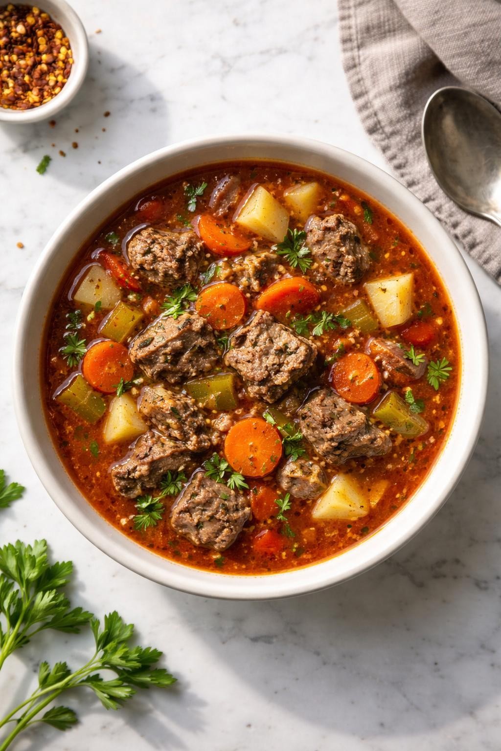 Prompt: Top-down realistic editorial food photography of leftover meatloaf soup in a simple bowl on a clean white marble countertop, tomato-based broth filled with chopped leftover meatloaf, potatoes, carrots, celery, and herbs, warm cozy homemade soup mood, bright natural daylight, soft shadows, clean composition, high detail, realistic food texture, no people, no hands, no text, no watermarks, no props with writing.
