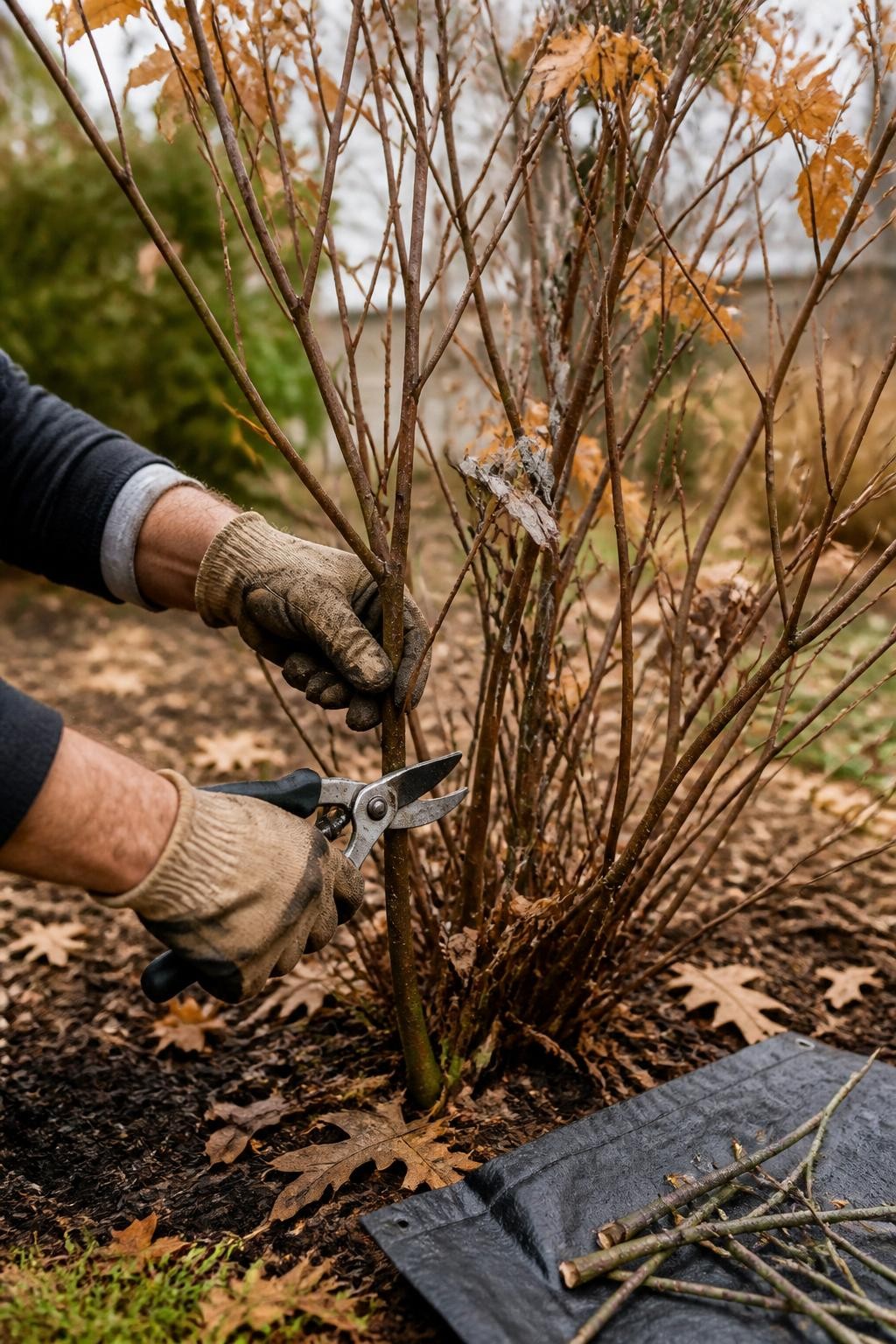 Image Prompt: A realistic late-fall residential garden showing a gardener selectively pruning a broken branch from a deciduous shrub with clean bypass pruners, one dead gray branch and one damaged split stem clearly visible among healthy brown stems, the cut being made just above a healthy outward-facing bud, soil-stained gloves, a small tarp holding removed branches nearby, scattered copper and yellow leaves on dark mulch, soft overcast autumn daylight, natural shrub structure rather than a heavily shaped plant, accurate tool position and pruning cut, editorial DSLR photography, 70mm lens, shallow depth of field, highly detailed, no text.