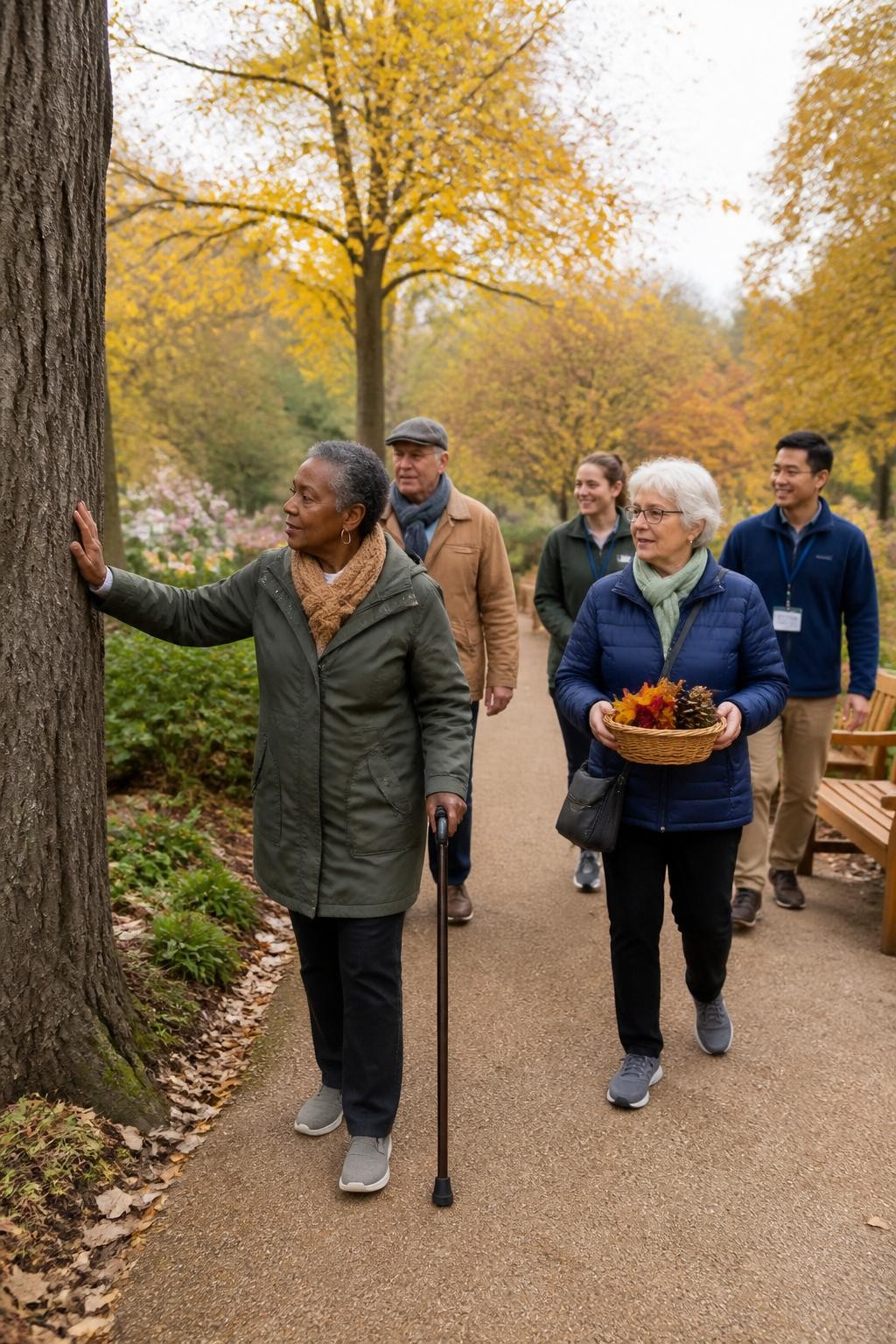 Image Prompt: A group of older adults walking slowly along a smooth accessible garden path during fall, one Black senior woman using a walking cane while touching the bark of a large tree, another participant holding a basket with a pinecone, fallen leaf and seed pod, support staff walking nearby without crowding, benches positioned along the route, golden foliage and soft overcast daylight, natural movement, documentary DSLR outdoor photography, 35mm lens, no text.