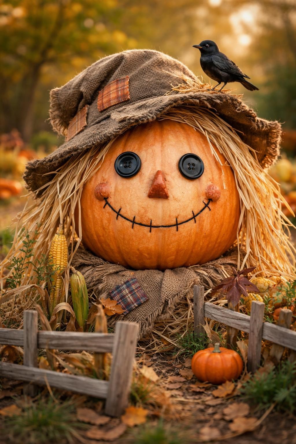 Image Prompt: A large warm orange pumpkin transformed into a friendly storybook scarecrow head, hand-painted expressive face with button eyes and stitched smile, floppy patched burlap hat, raffia straw hair, fabric patches, tiny blackbird perched on the hat, miniature cornfield and wooden fence arranged around the base, cozy autumn storytelling style, realistic handcrafted textures, soft outdoor afternoon light, DSLR photography, no people, no text.