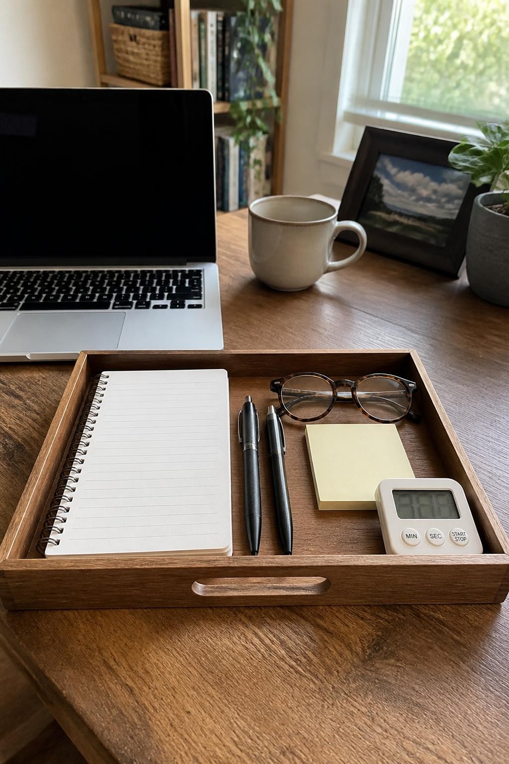 Image prompt: A compact home office desk with a shallow wooden tray holding only the items needed for the current workday, including a notebook, two pens, reading glasses, sticky notes, and a small timer, photographed with natural iPhone photo quality, soft morning window light, realistic wood grain and paper textures, slightly lived-in home workspace, laptop beside the tray, uncluttered but not overly staged, no people, no visible brand names, no watermarks on images.