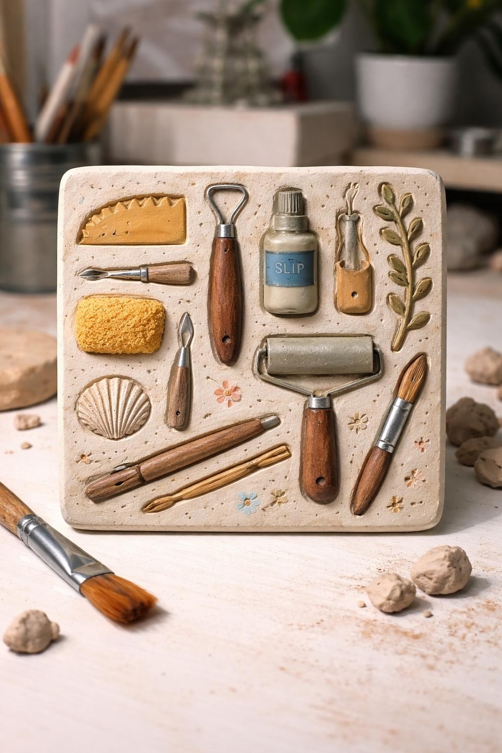 Image Prompt: Photo of a finished clay tool imprint plaque, eye-level close-up, placed on a white art studio desk with a paintbrush and small clay pieces nearby, soft craft room lighting, plaque occupying most of the frame, pressed tool textures and hand-painted details clearly visible, realistic craft photography, latest iPhone photo quality.