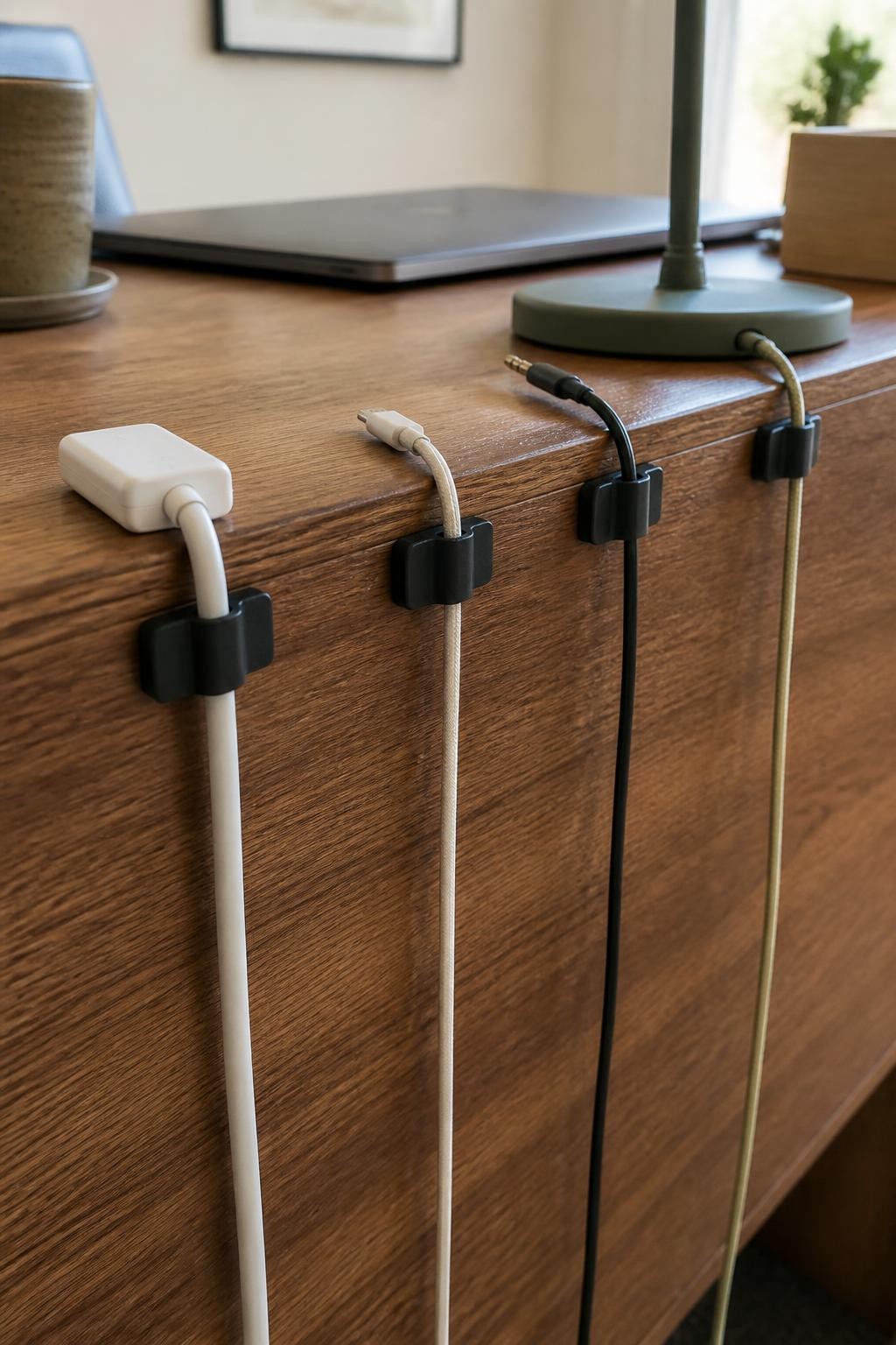 Image prompt: Close view of the back edge of a wooden desk fitted with small adhesive cable clips holding a laptop charger, phone cable, lamp wire, and headphone cord neatly apart, photographed with detailed natural iPhone photo quality, gentle daylight, believable cable textures and slight desk wear, clean home workspace, no person, no logos, no watermarks on images.