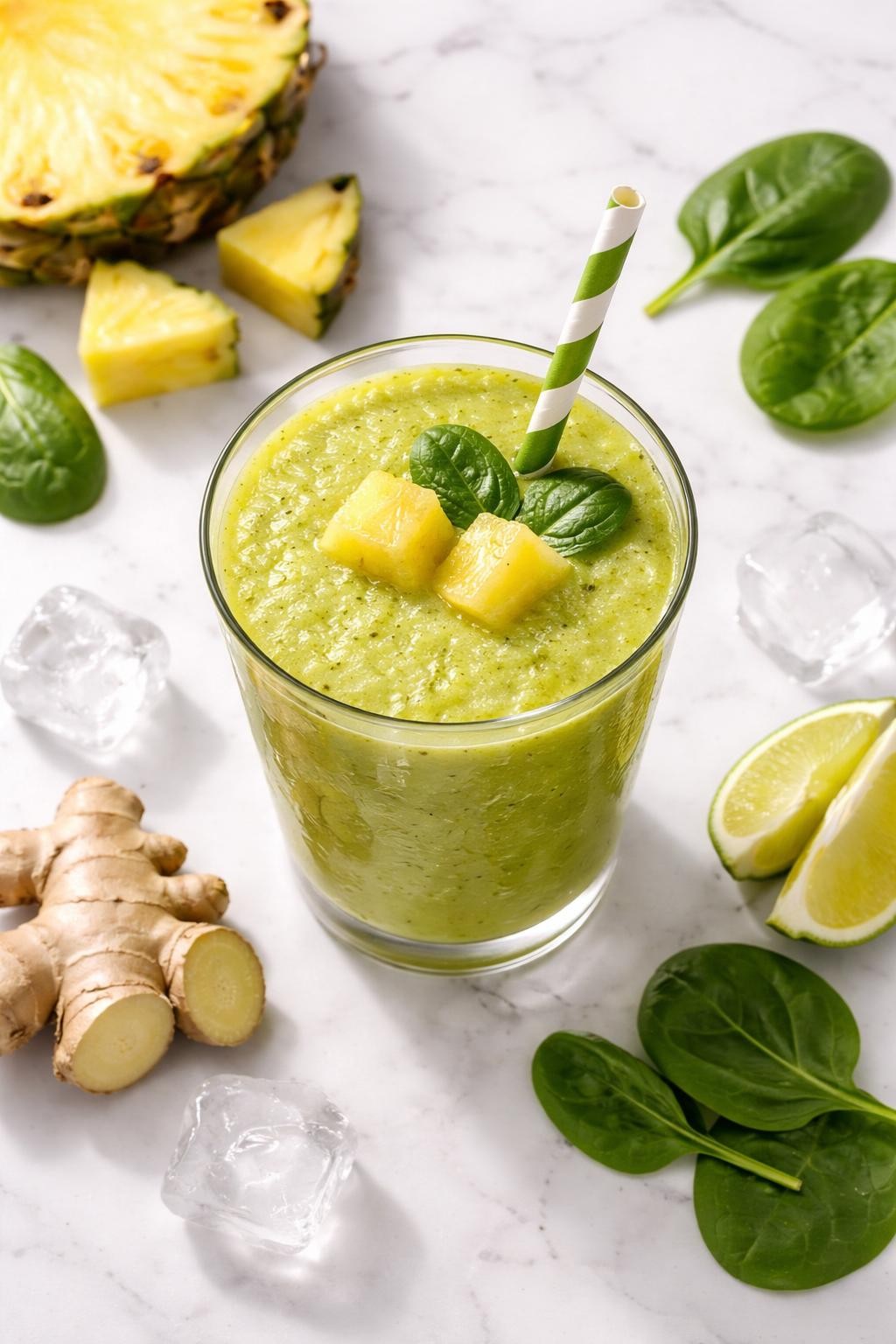 Realistic top-down editorial food photography of a pineapple ginger green smoothie in a clear glass on a clean white marble countertop. The smoothie is bright green-yellow, smooth, cold, and refreshing, styled with pineapple chunks, spinach leaves, a small piece of ginger, lime wedges, and a few ice cubes nearby. Bright natural daylight, clean fresh smoothie styling, high detail, realistic drink texture, no people, no hands, no text, no watermarks, no props with writing.