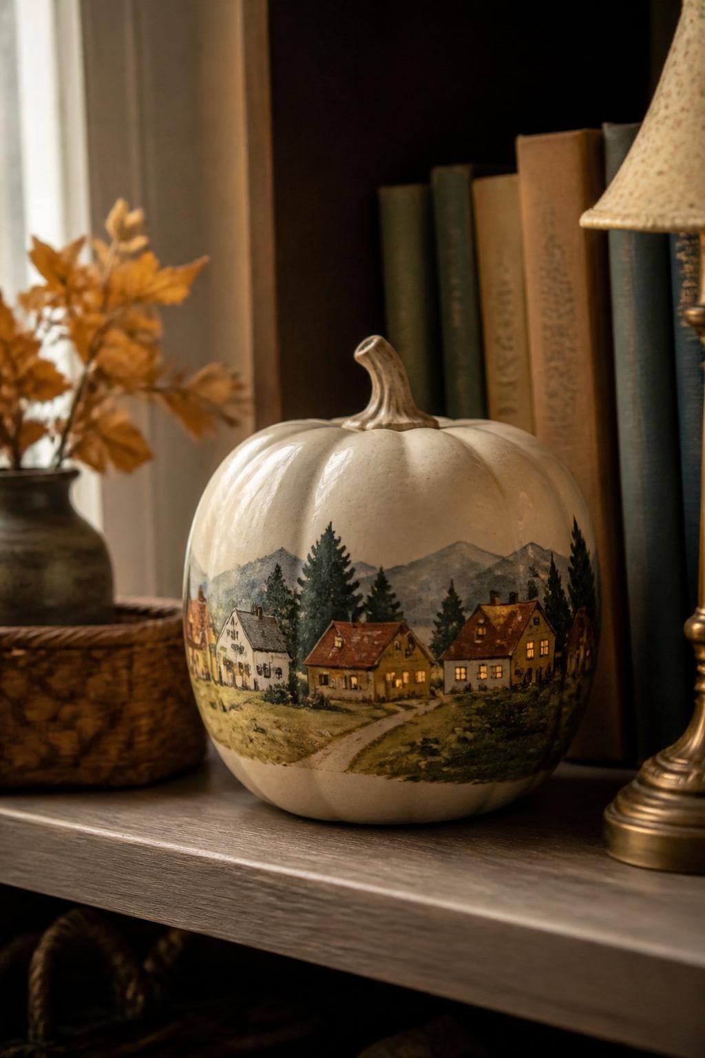 Horizontal 16:9 realistic iPhone photograph of a pale cream ceramic pumpkin painted with a small cozy cottage scene around the lower half, featuring tiny rust and mustard houses, dark green trees, winding paths, yellow windows, and distant blue-gray hills, displayed on a bookshelf beside old novels, a small lamp, dried leaves, and a woven basket, soft evening window light, charming handmade details, no fantasy glow, no text.