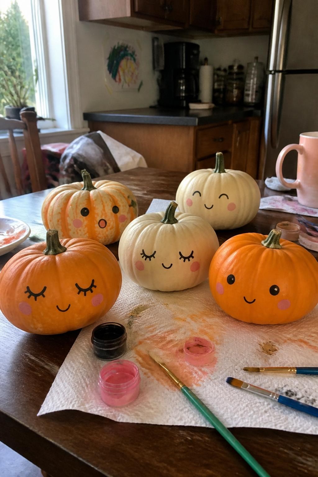 Horizontal 16:9 realistic iPhone photo of five real mini orange and cream pumpkins painted with different simple friendly faces, closed eyes, tiny smiles, round surprised eyes, and soft pink cheeks, arranged casually on a family kitchen table with paintbrushes, small acrylic paint pots, paper towels, and a mug, natural afternoon light, authentic craft mess, handmade uneven details, cheerful but not cartoonishly perfect, no text.