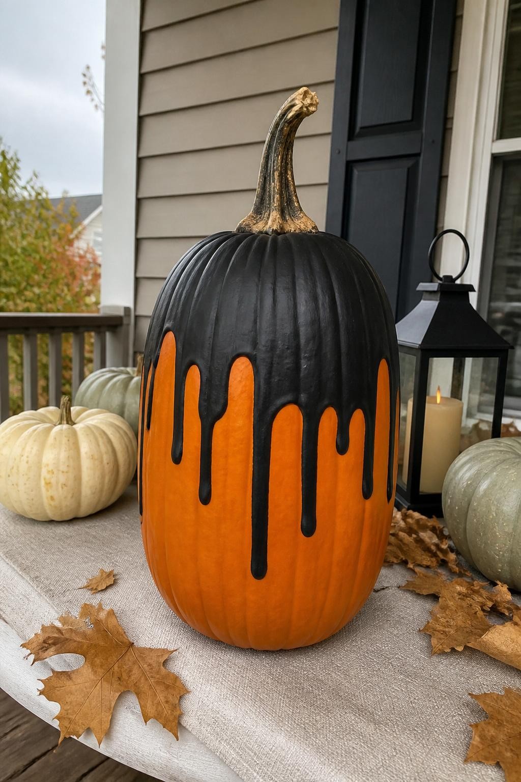 Horizontal 16:9 iPhone camera photo of a tall real orange pumpkin with matte black paint covering the upper section and several rounded hand-painted drips running down at different lengths, natural twisted stem, positioned on a covered porch table with neutral pumpkins, a lantern, and scattered dry leaves, cloudy daylight, believable home decoration, slight paint-edge imperfections, no horror elements, no text.